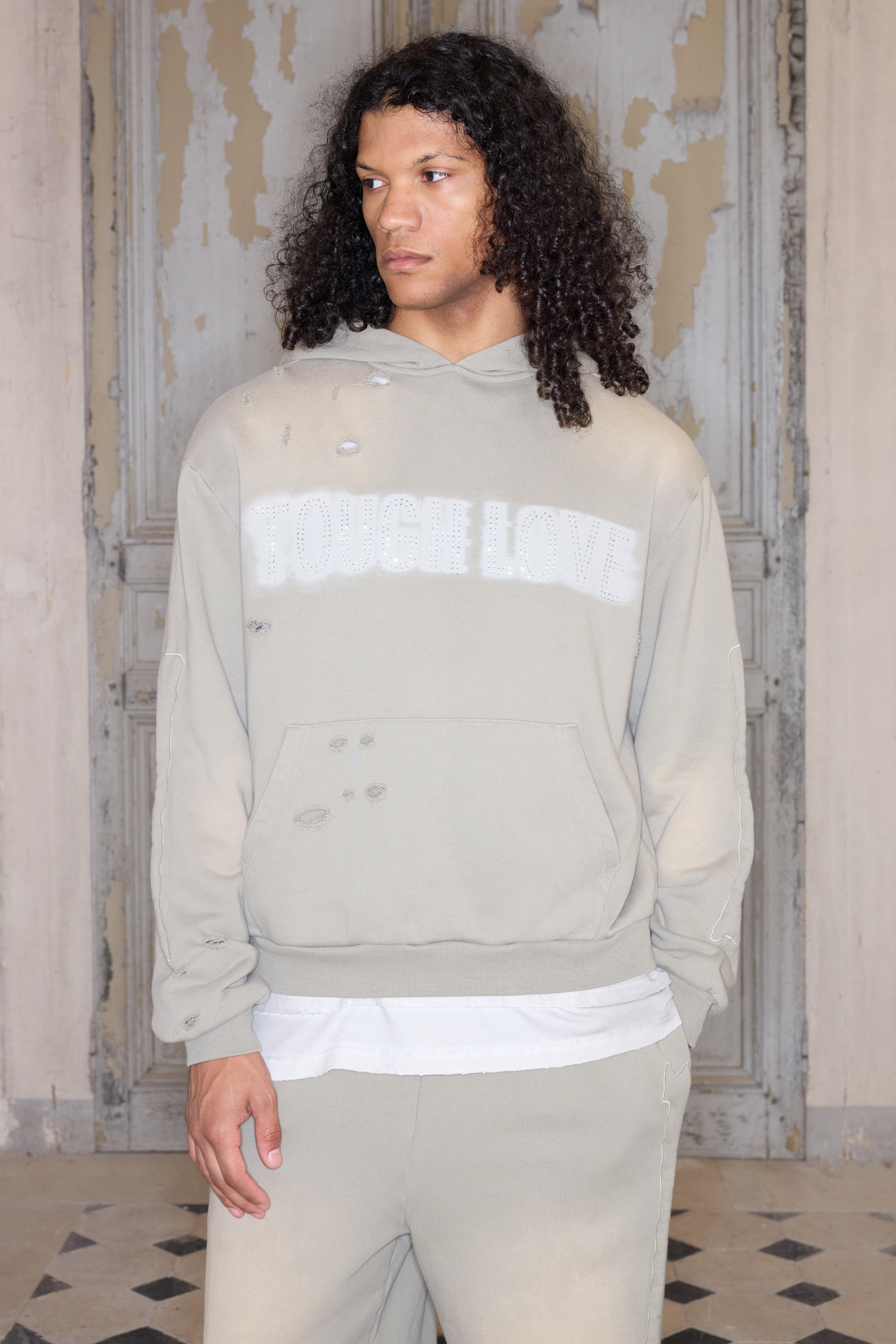 Premium Oversized Boxy Rhinestone Washed Hoodie In Stone, Beige