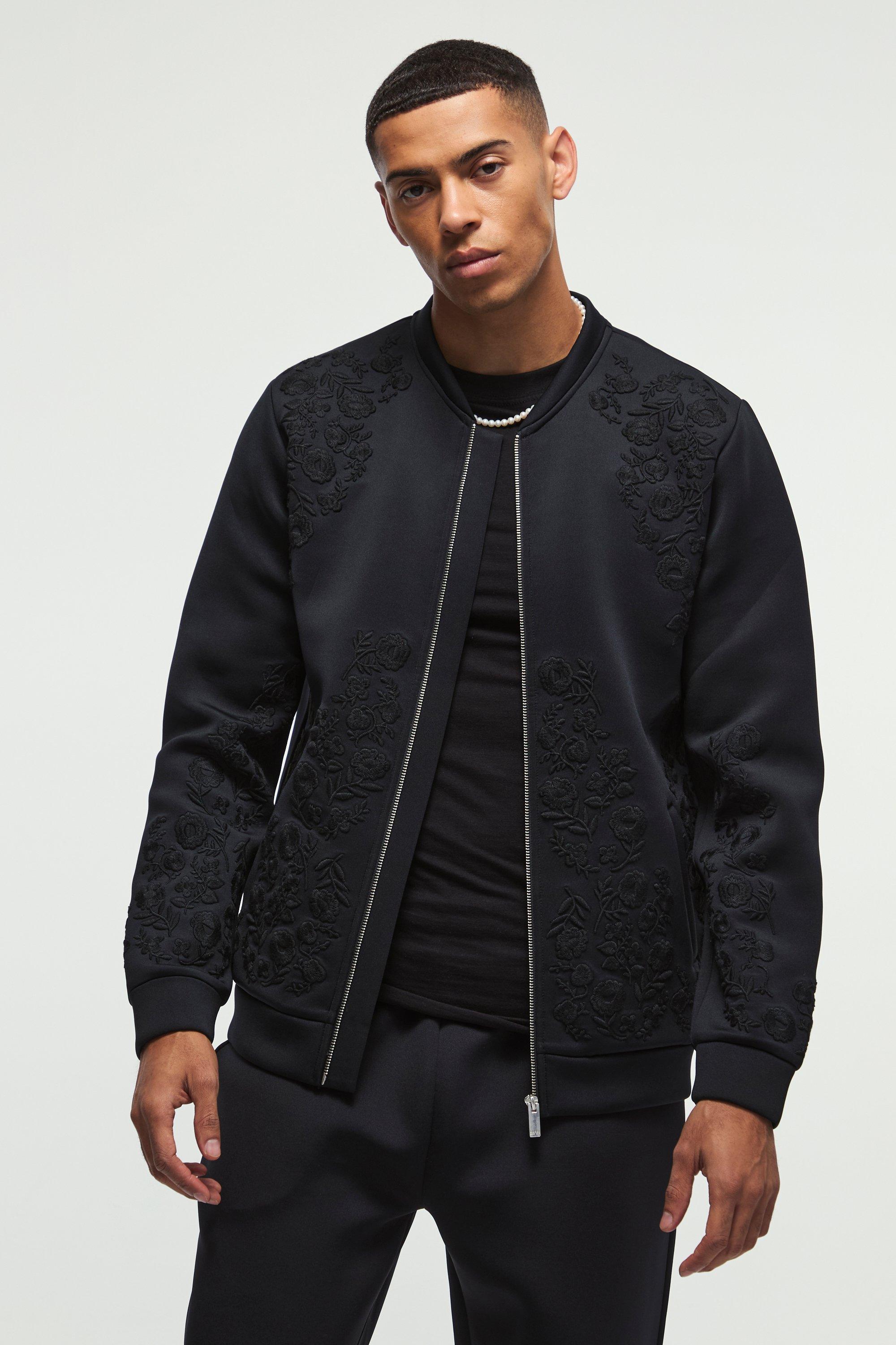 Mens Black Regular Fit Floral Embroidered Scuba Bomber Jacket, Black