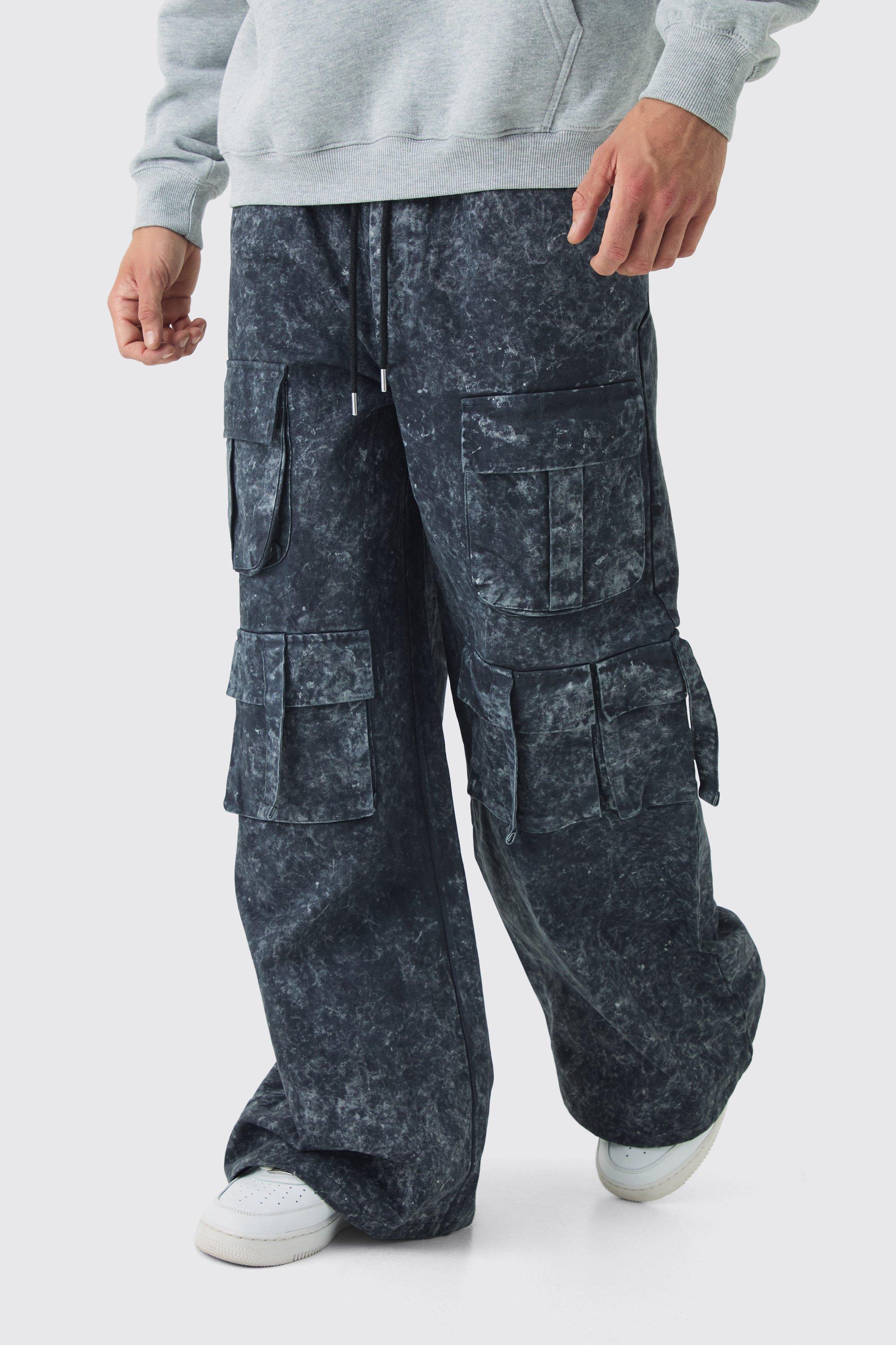 Boohoo Elasticated Waist Extreme Baggy Heavyweight Washed Multi Cargo Pants, Charcoal