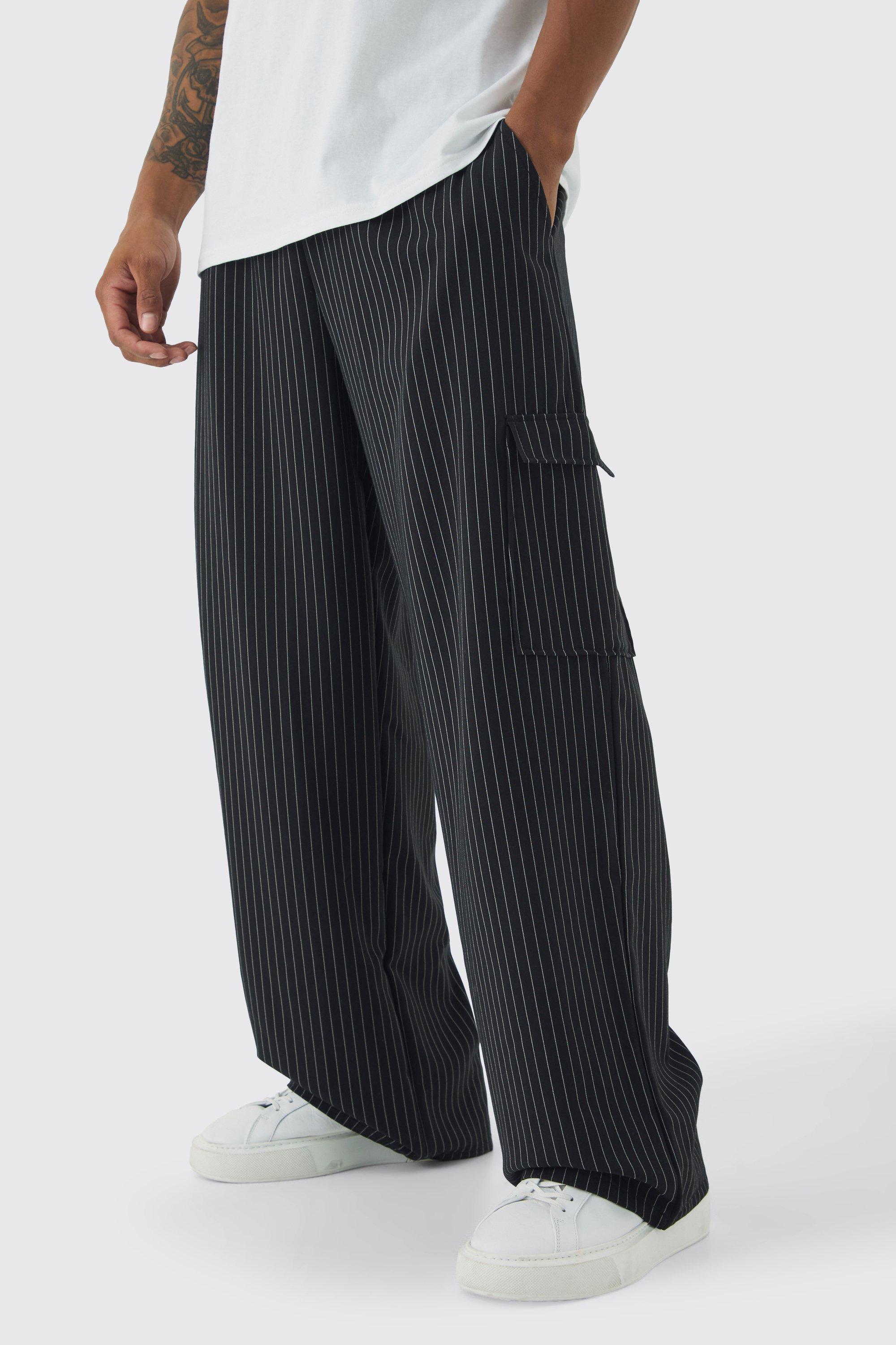 Mens Black Elasticated Waist Baggy Pinstripe Cargo Trousers, Black