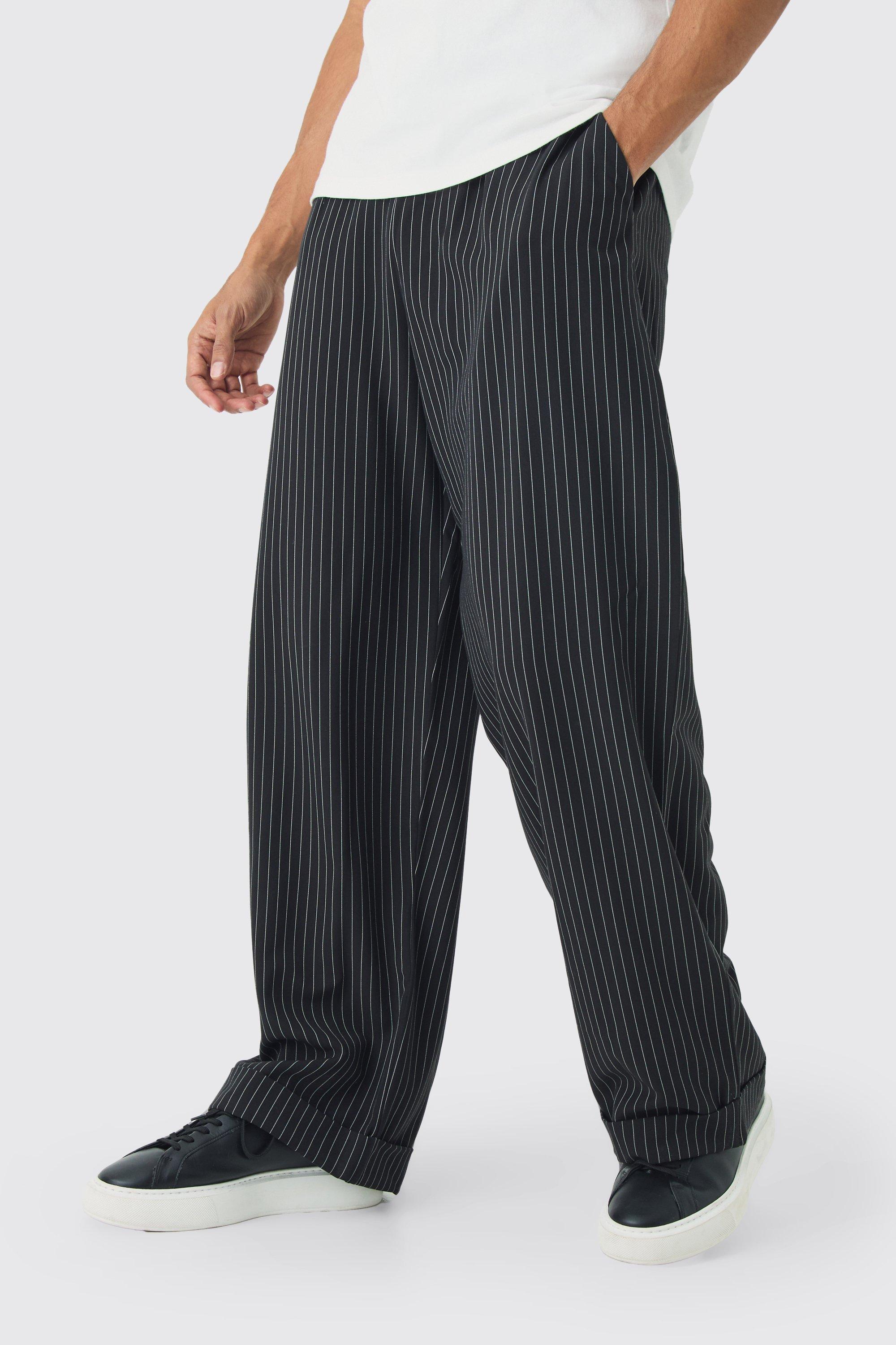 Mens Black Elasticated Waist Relaxed Pinstripe Turn Up Hem Trousers, Black