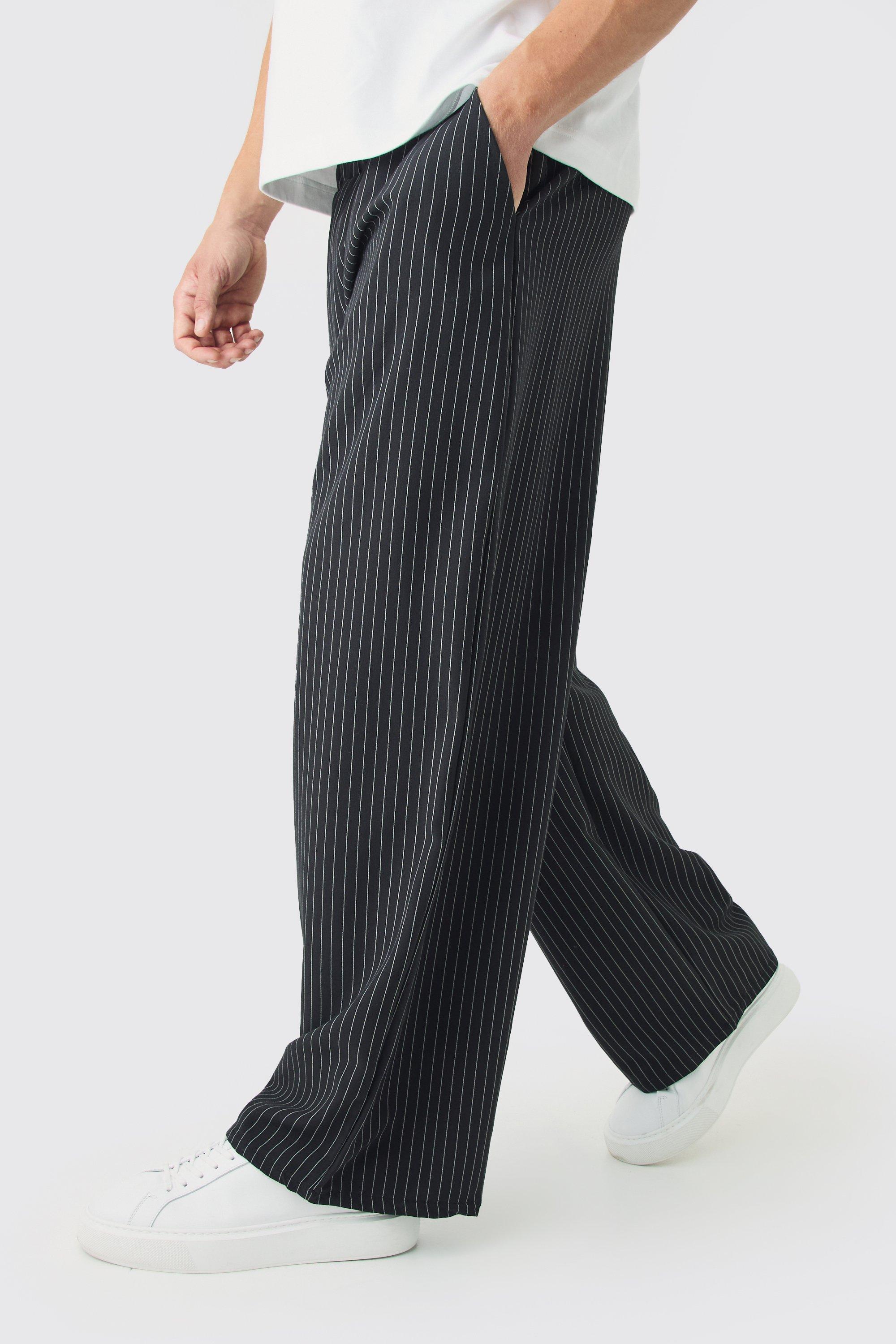 Mens Black Elasticated Waist Baggy Pinstripe Trousers, Black