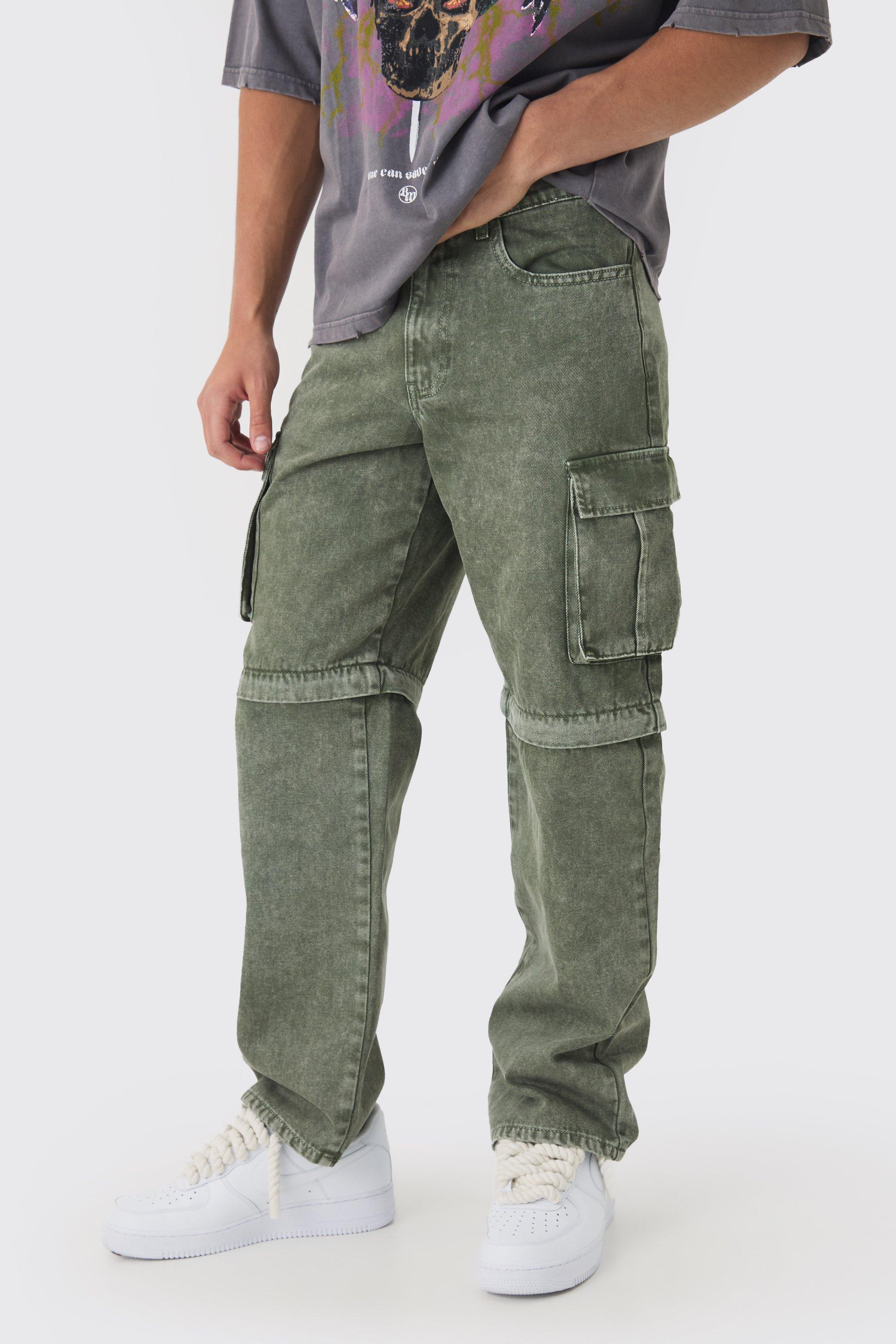 Pantaloni Cargo rilassati in twill in lavaggio acido con zip, Verde