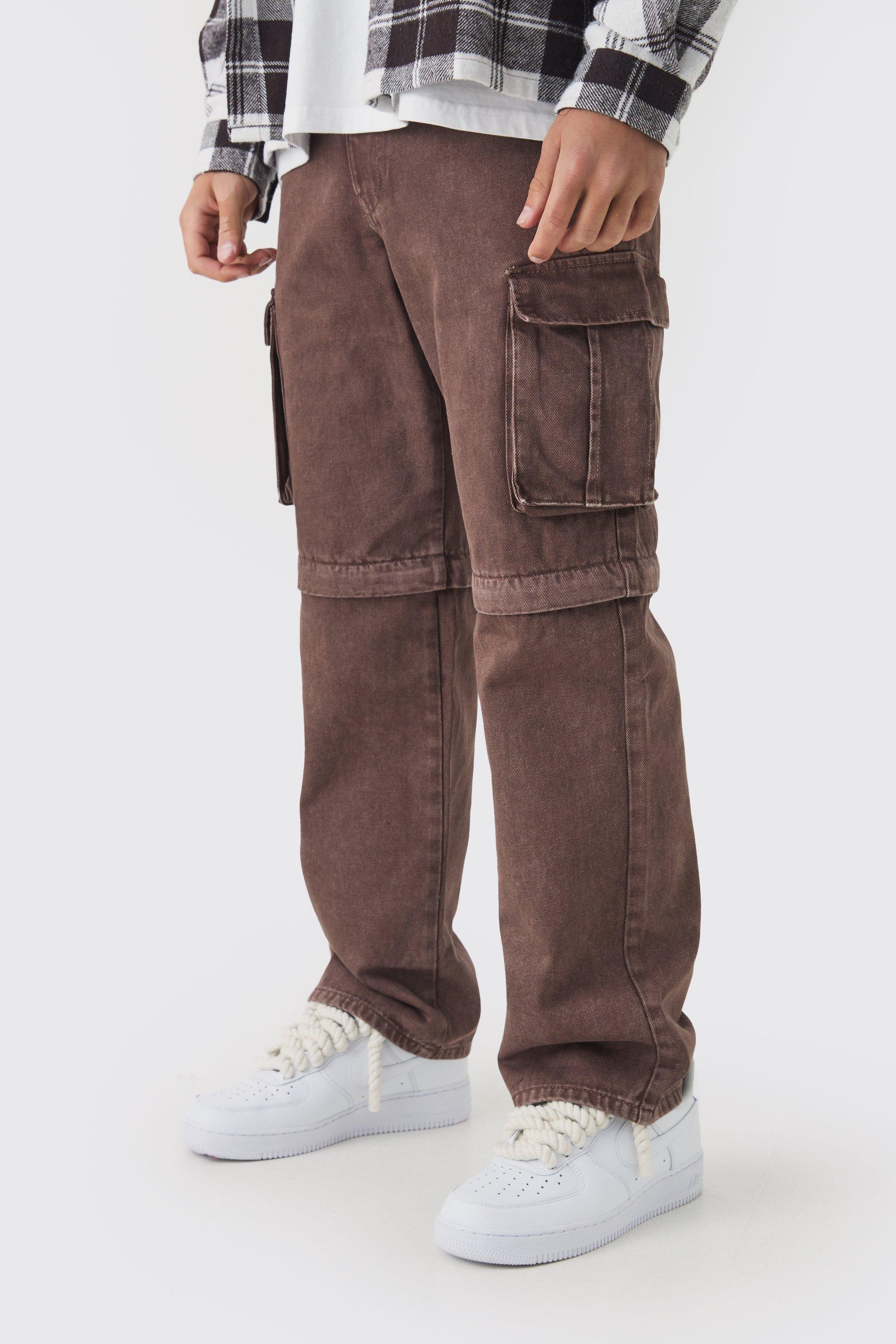 Pantaloni Cargo rilassati in twill in lavaggio acido con zip, Brown