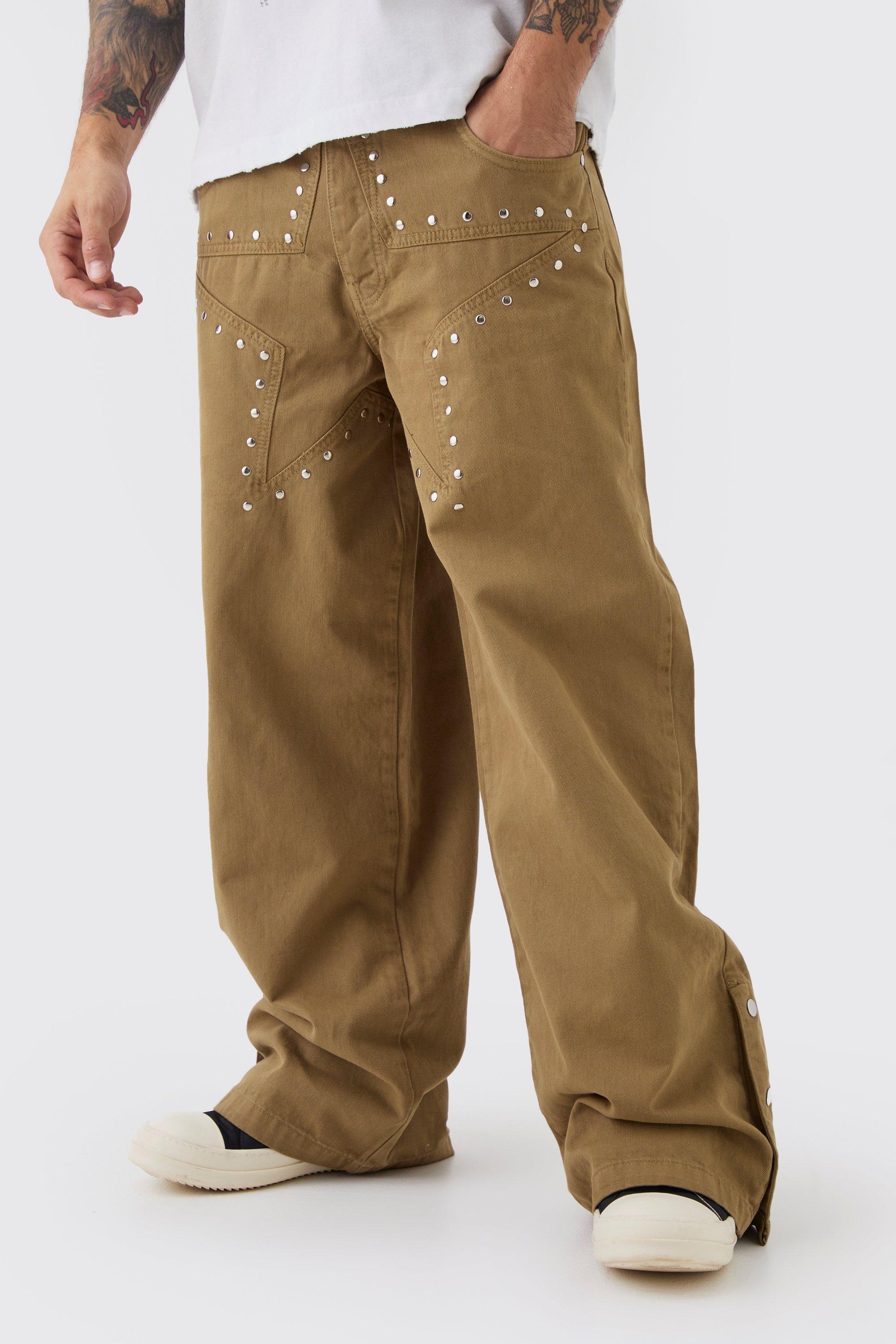 Boohoo Onbewerkte Baggy Sterren Jeans Met Studs, Khaki