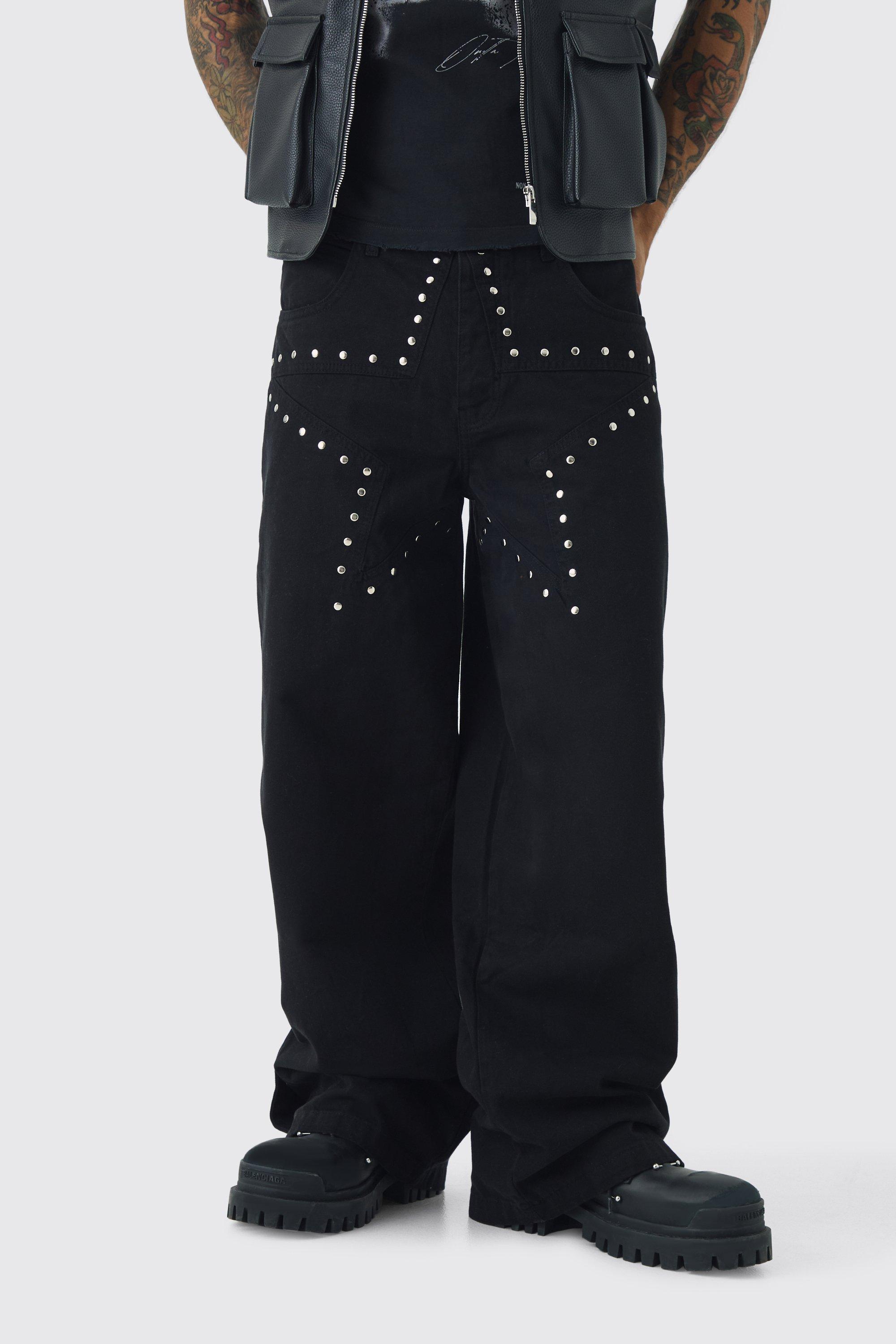 Boohoo Onbewerkte Baggy Sterren Jeans Met Studs, Washed Black