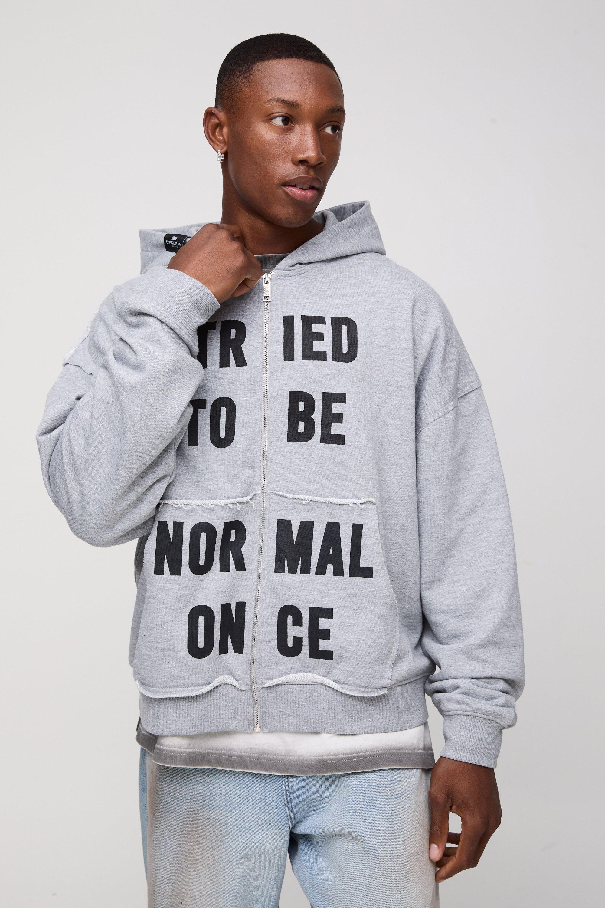 Felpa squadrata oversize con slogan effetto smagliato, zip sul retro e cappuccio, Grigio