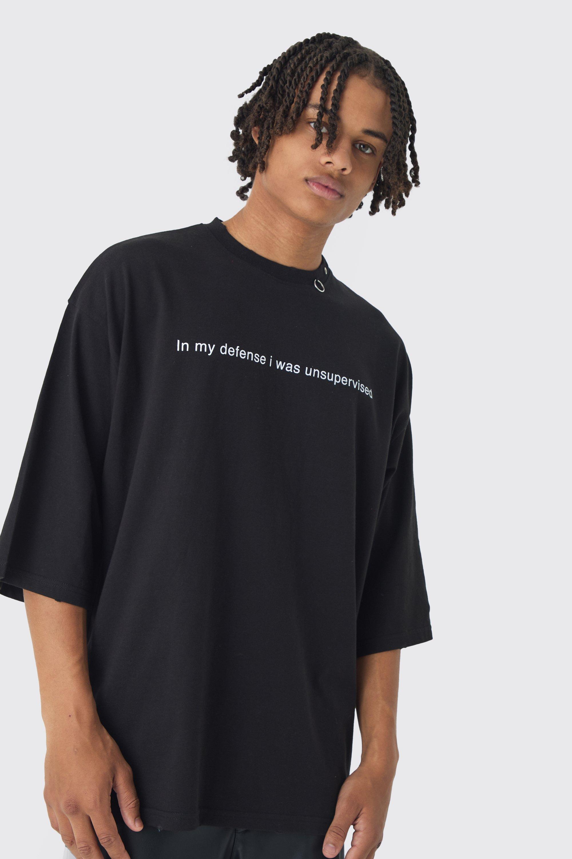 T-shirt super pesante oversize con slogan e finiture in metallo, Nero