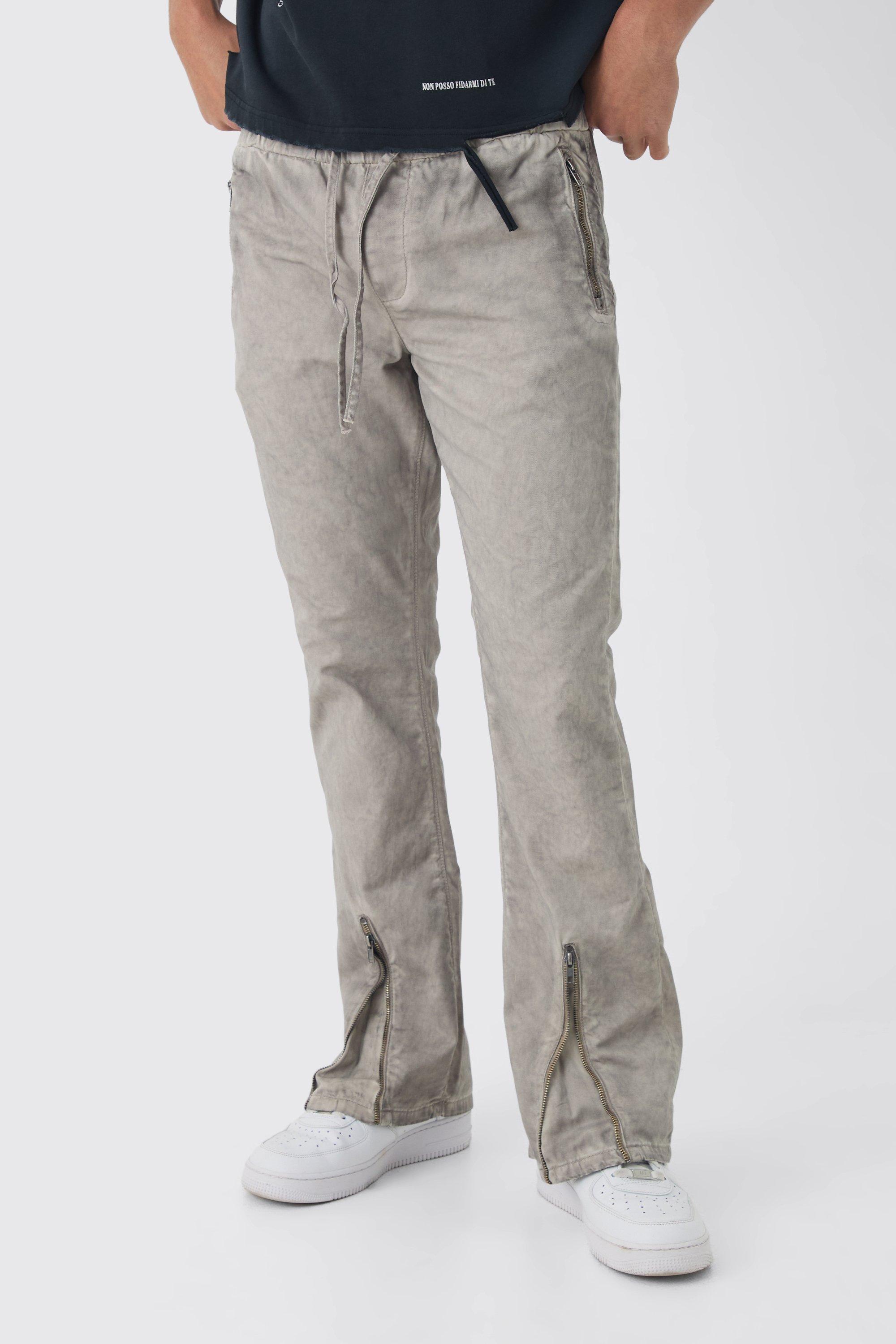 Pantaloni a zampa Slim Fit in lavaggio a olio con vita elasticizzata e zip sul fondo, Beige