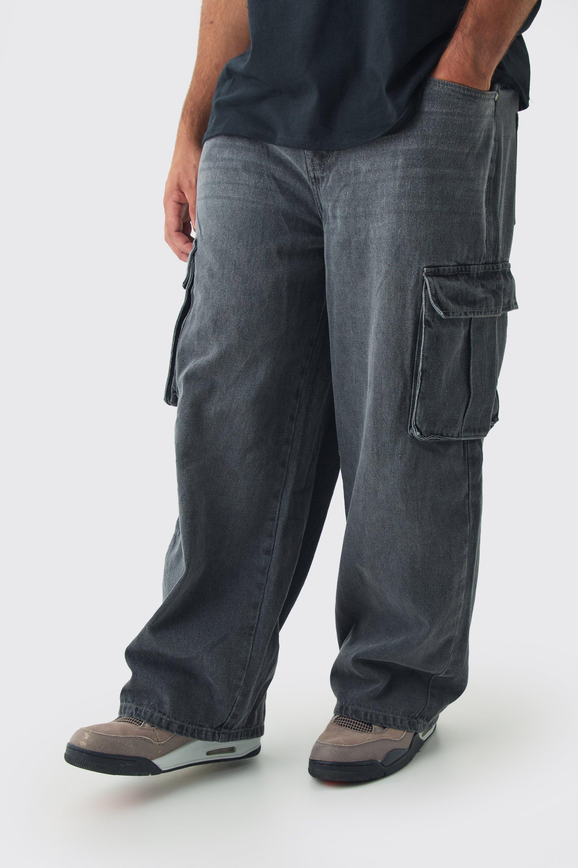 Boohoo Plus Onbewerkte Baggy Cargo Jeans, Mid Grey