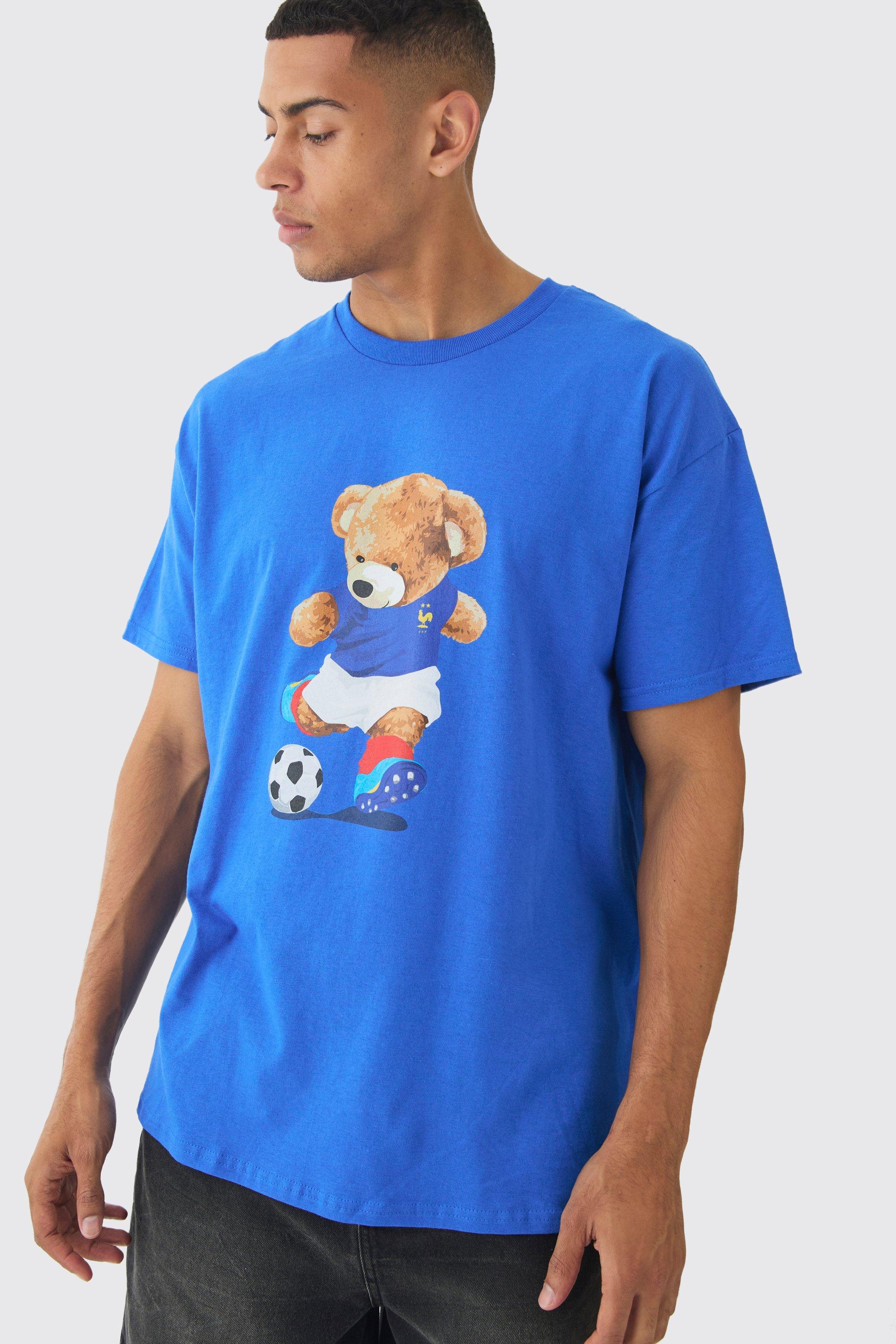 Mens Blue Oversized France Teddy Bear Football T-shirt, Blue