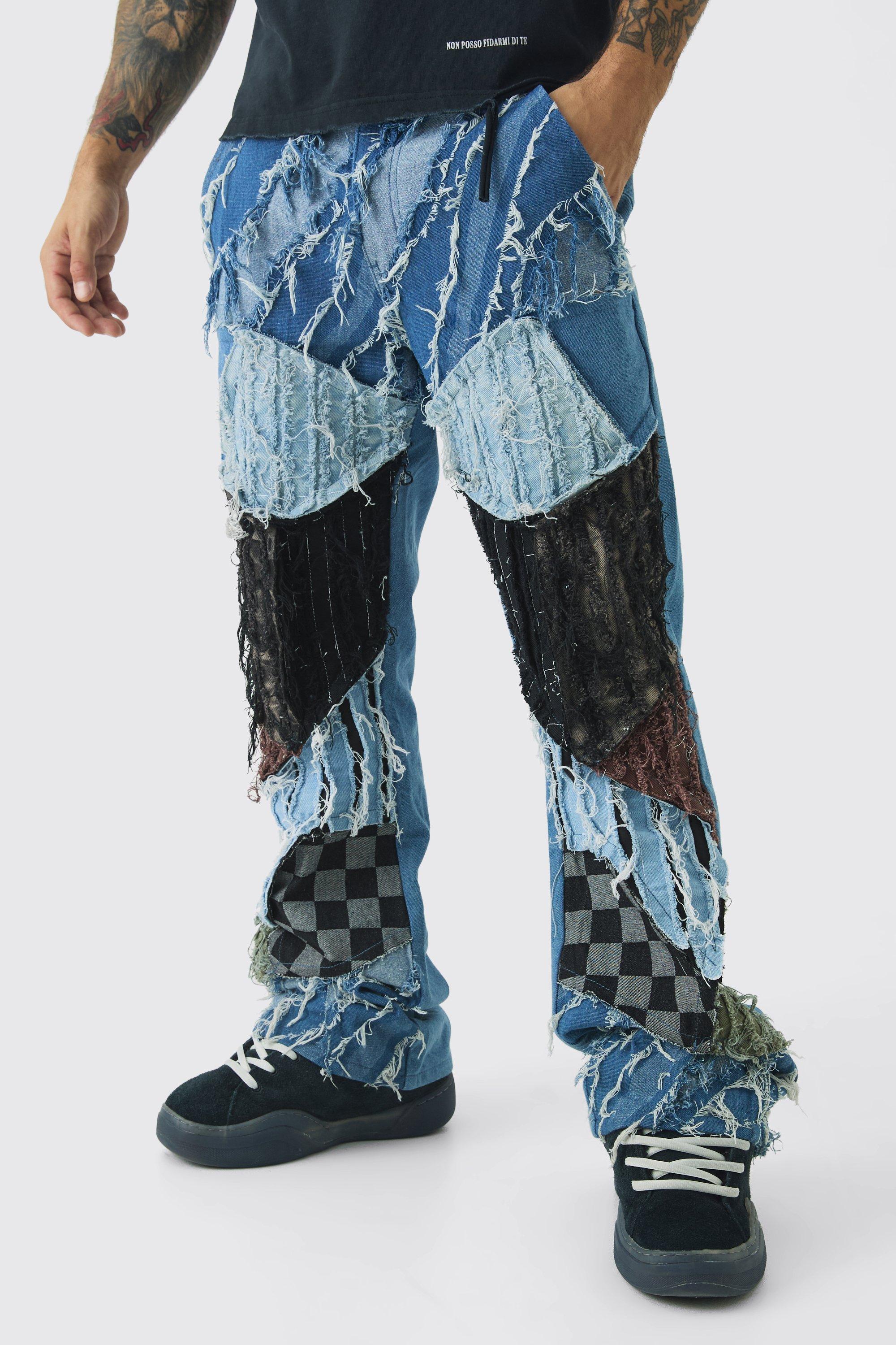 Mens Multi Relaxed Rigid Flare Distressed Patchwork Jeans, Multi