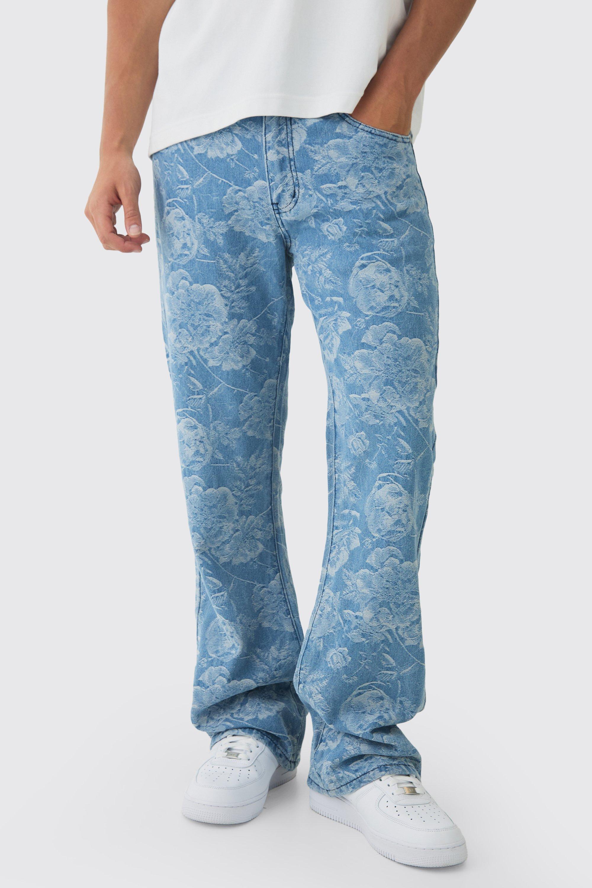 Boohoo Relaxed Rigid Flare Floral Jacquard Jeans, Light Blue