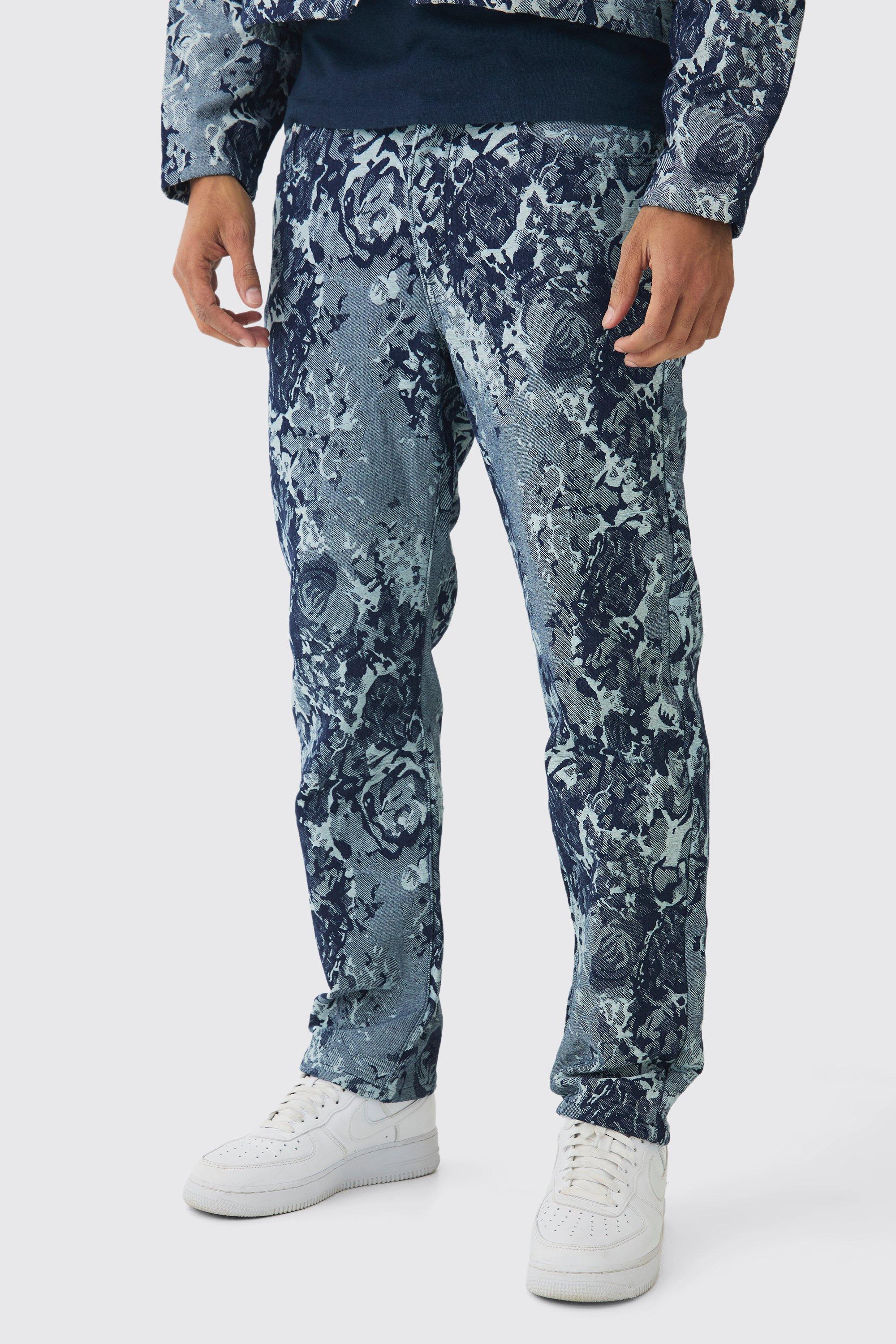 Boohoo Relaxed Rigid Floral Jacquard Jeans, Mid Blue