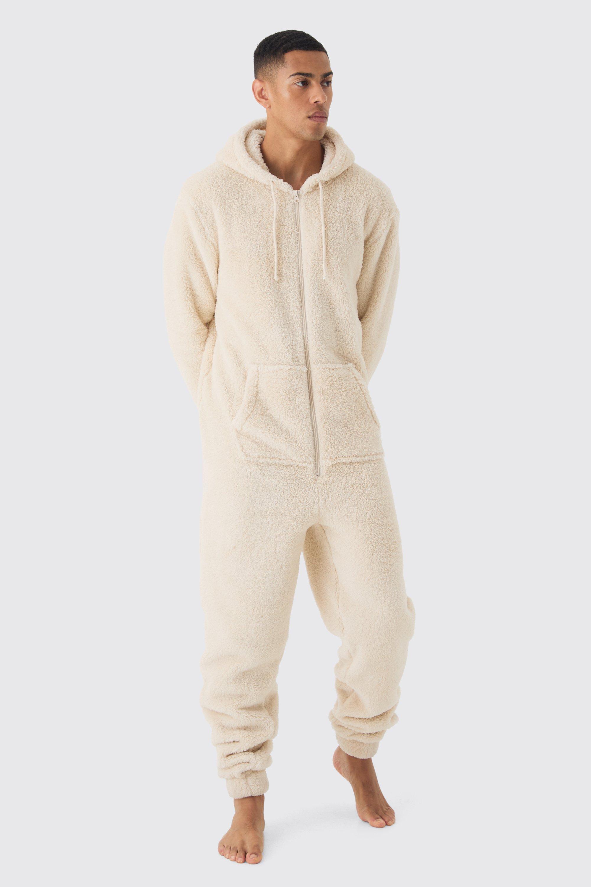 Mens Beige Heavyweight Hooded Fleece Onesie, Beige