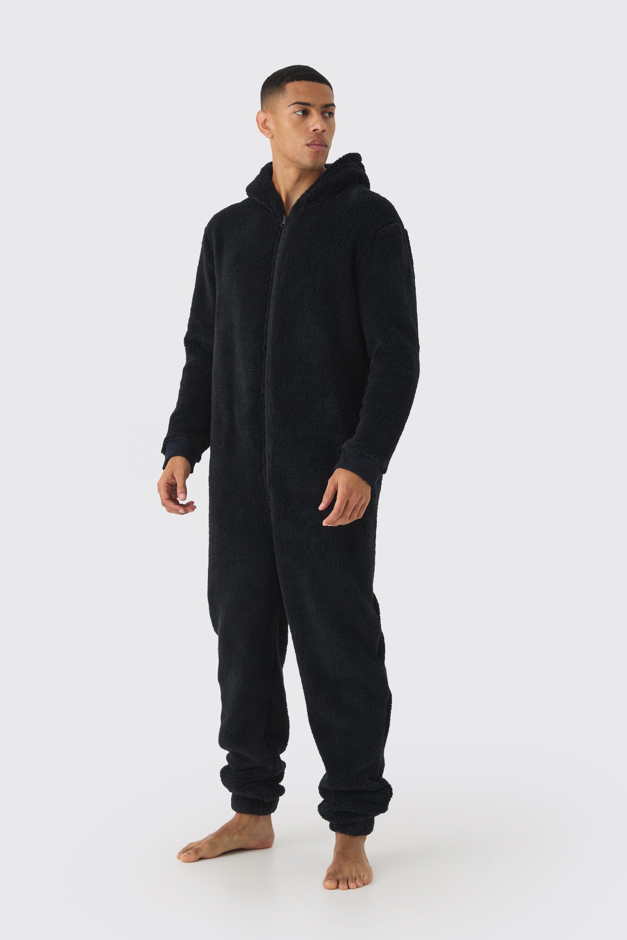 Mens Black Heavyweight Cuffed Hooded Fleece Onesie, Black