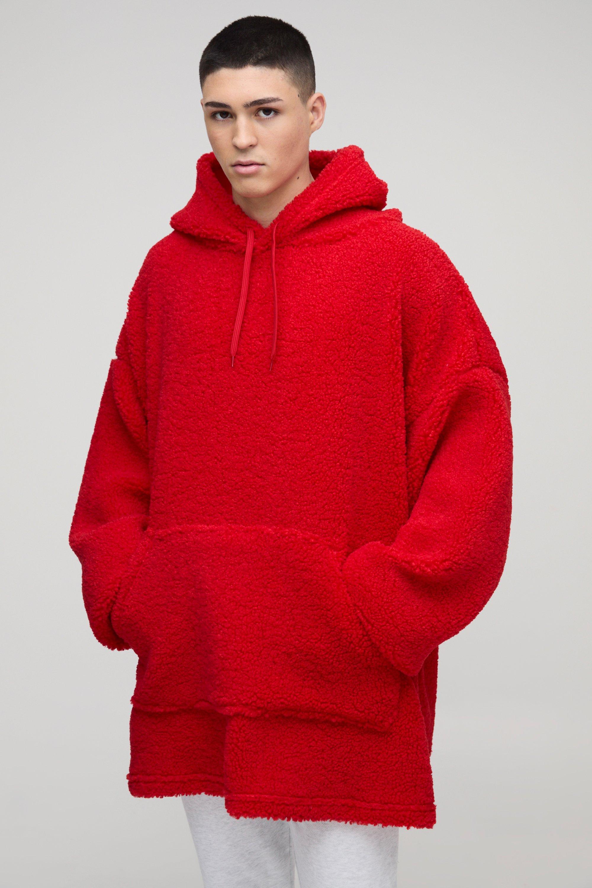 Mens Red Extreme Oversized Fleece Hoodie, Red