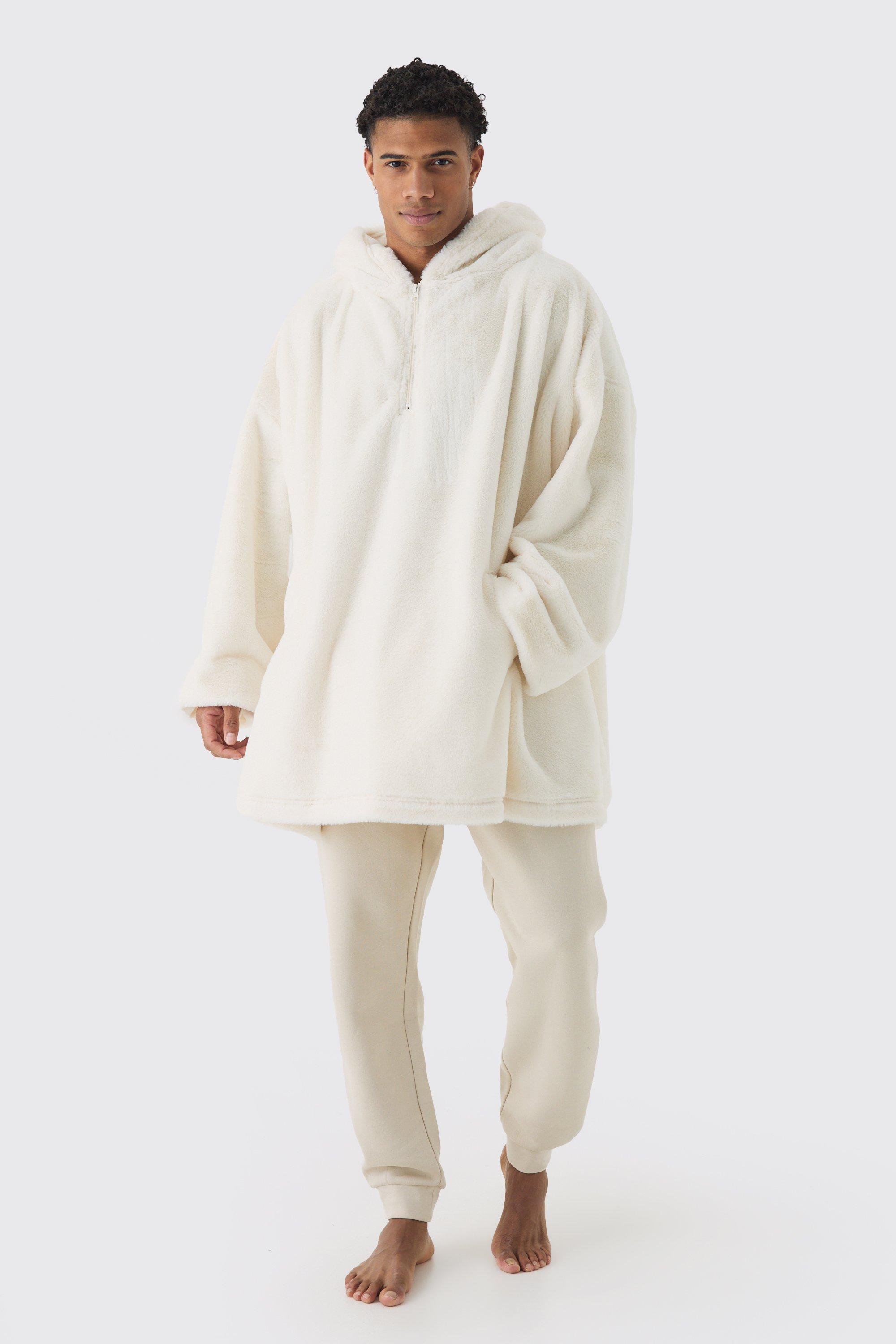 Felpa super oversize in fleece con zip e cappuccio, Beige