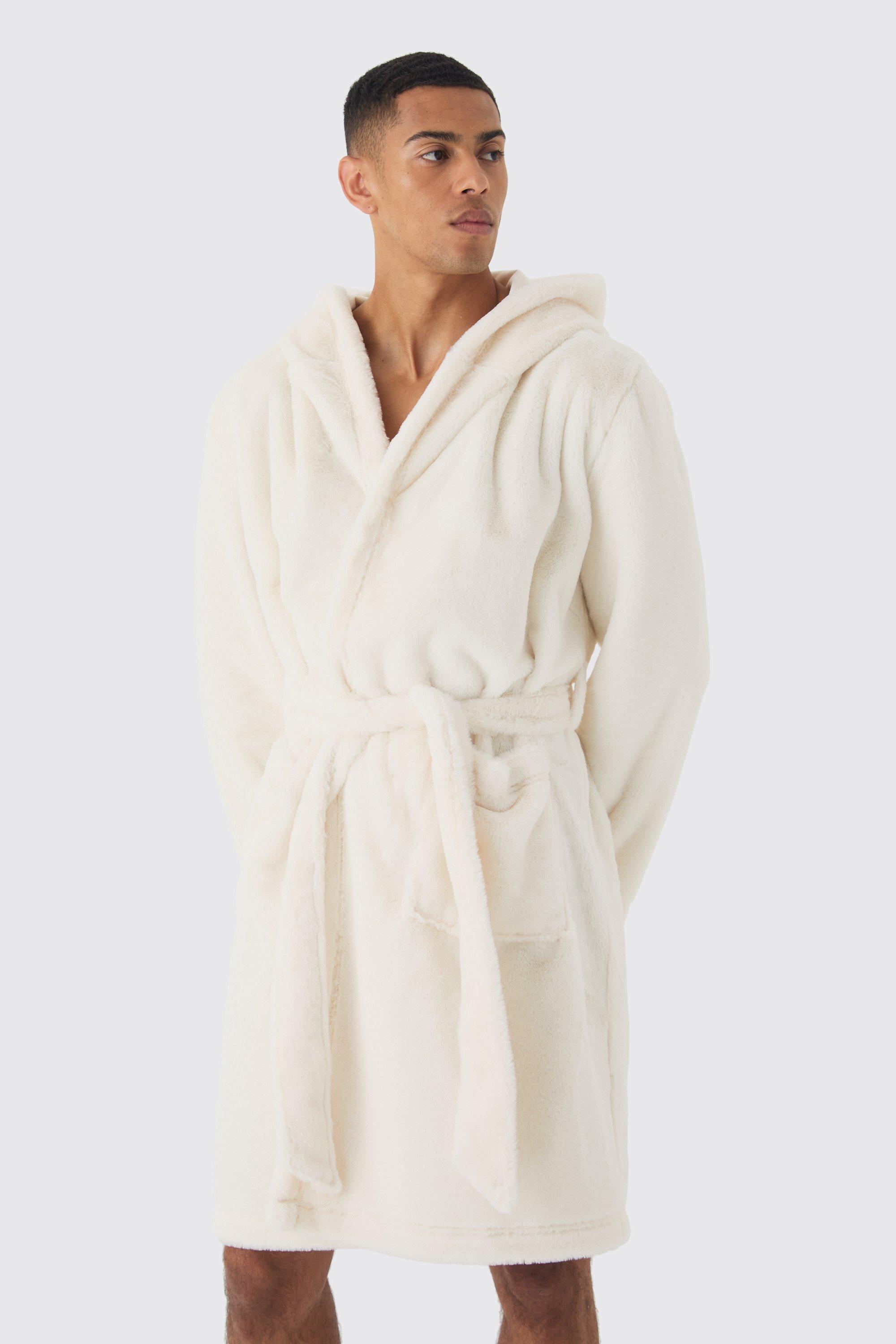 Mens Beige Heavyweight Hooded Fleece dressing gown, Beige