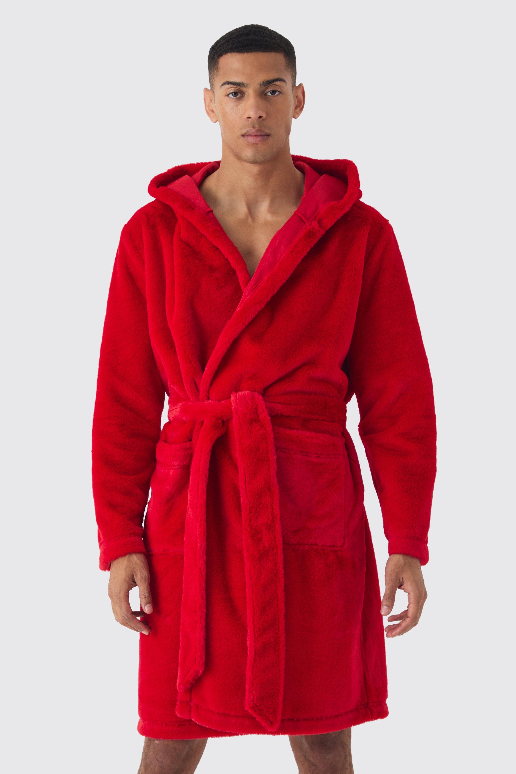 Mens Red Heavyweight Hooded Fleece dressing gown, Red