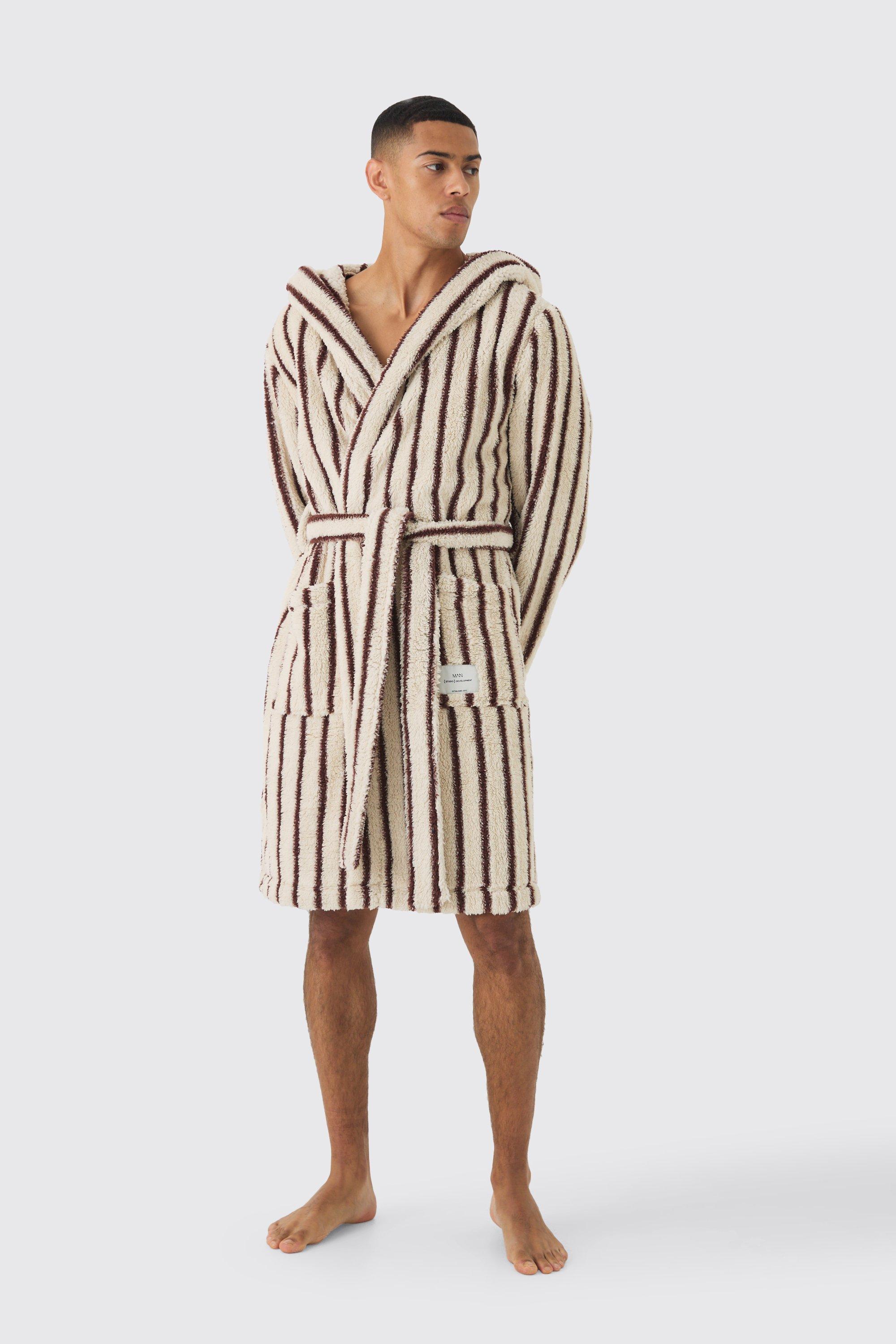 Mens Brown Heavyweight Stripe Fleece dressing gown With Woven Tab, Brown