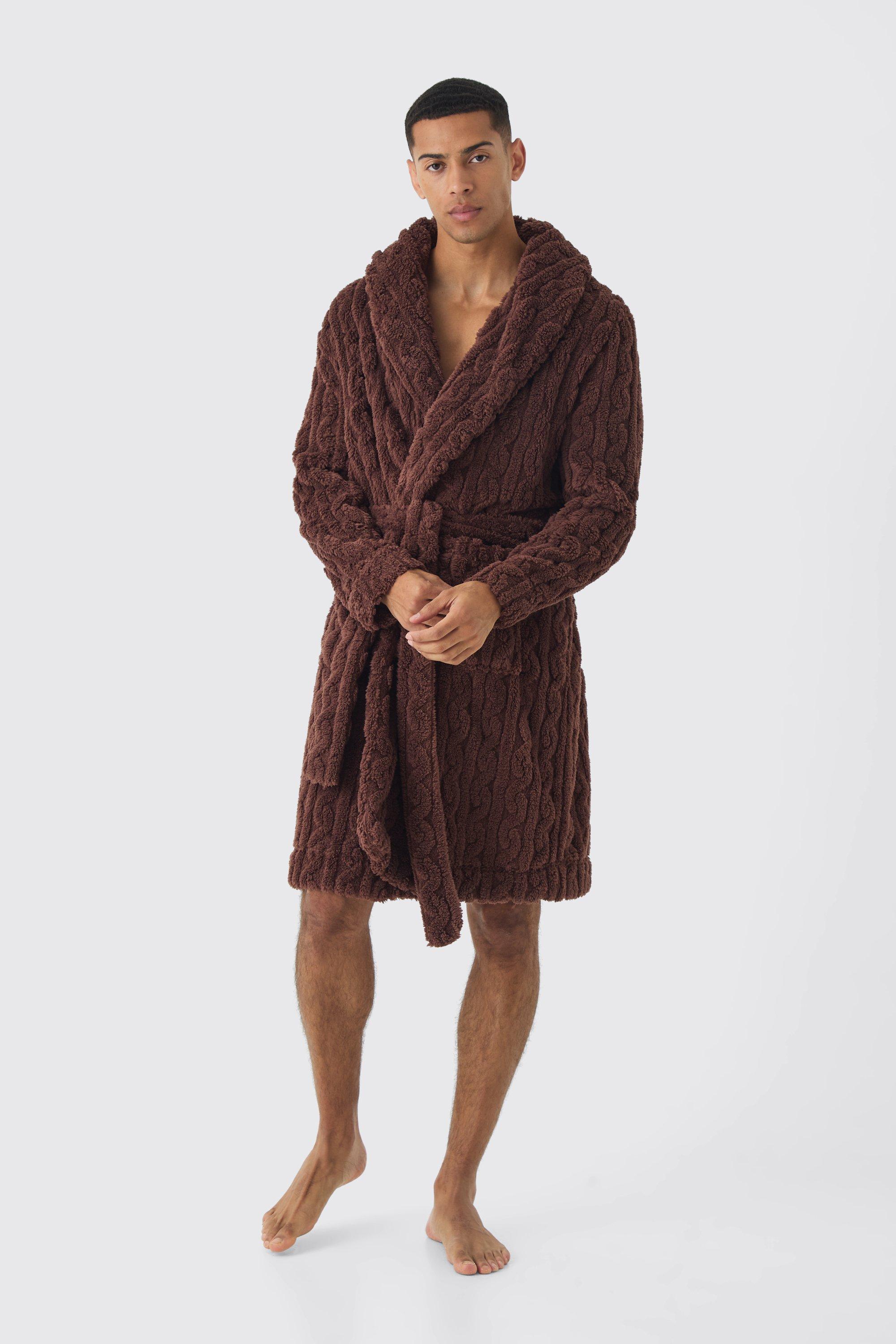 Mens Brown Heavyweight Cable Knit Fleece dressing gown, Brown