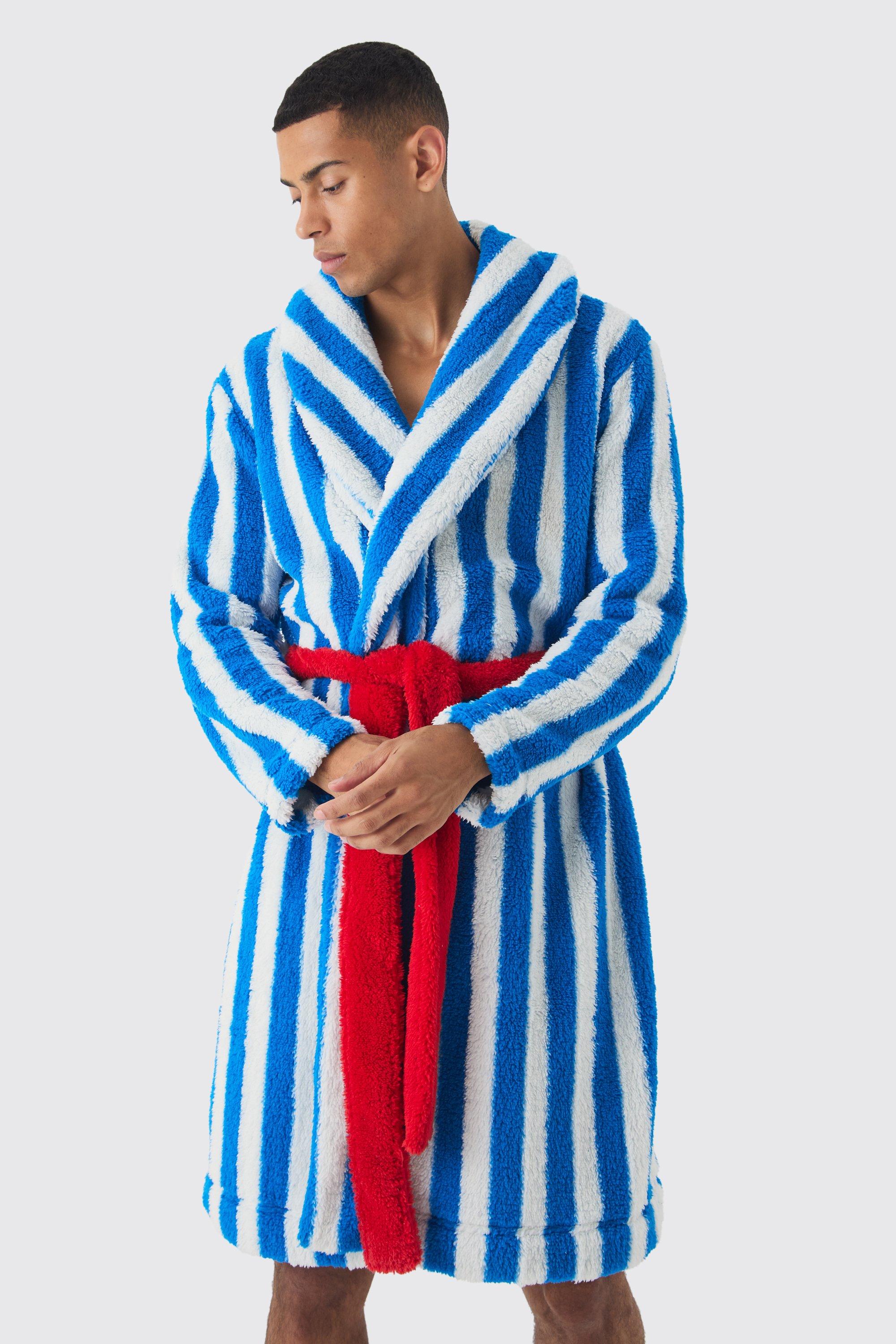 Mens Multi Heavyweight Contrast Stripe Fleece dressing gown, Multi