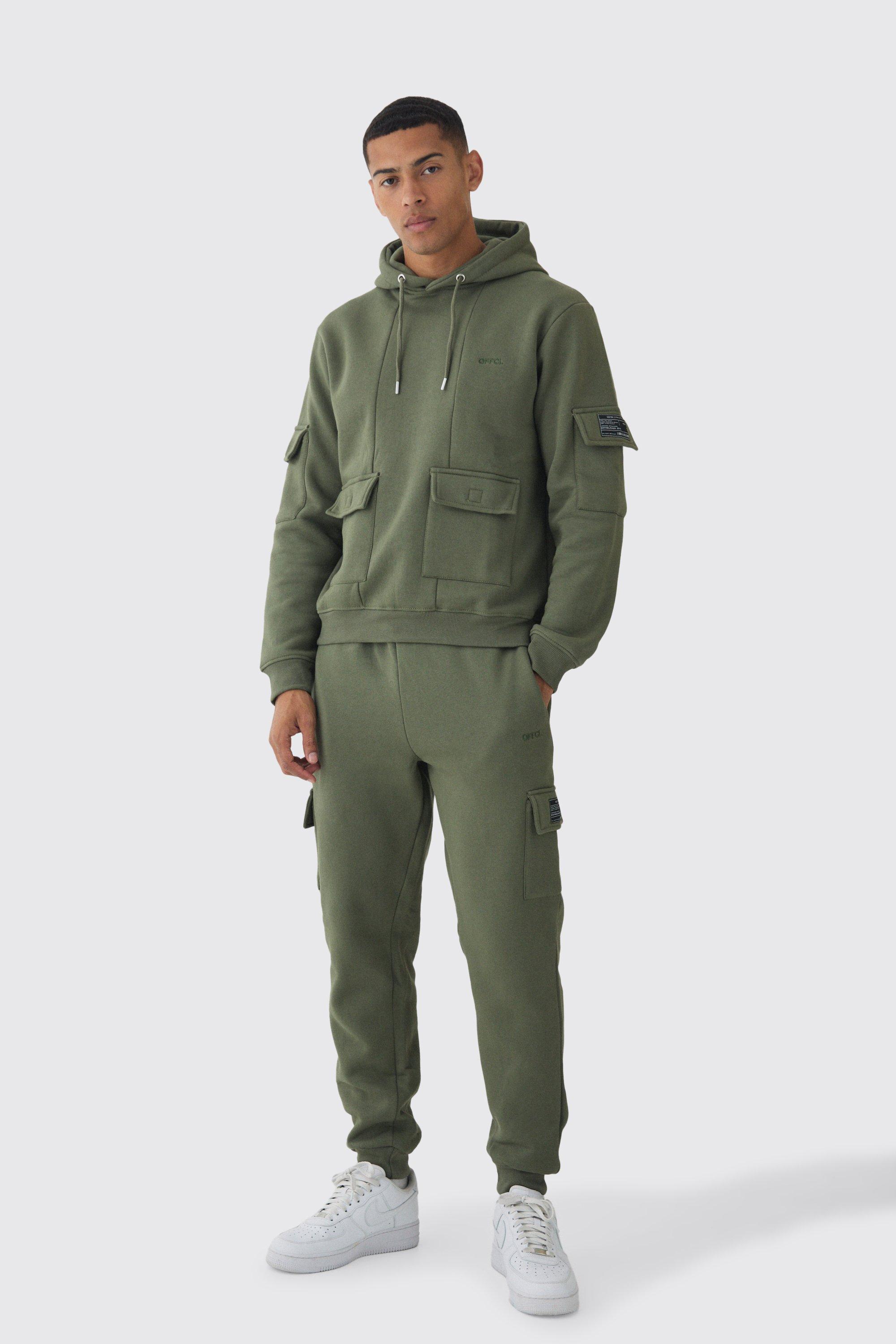 Mens Green Official Man Regular Fit Panelled Cargo Hooded Tracksuit, Green