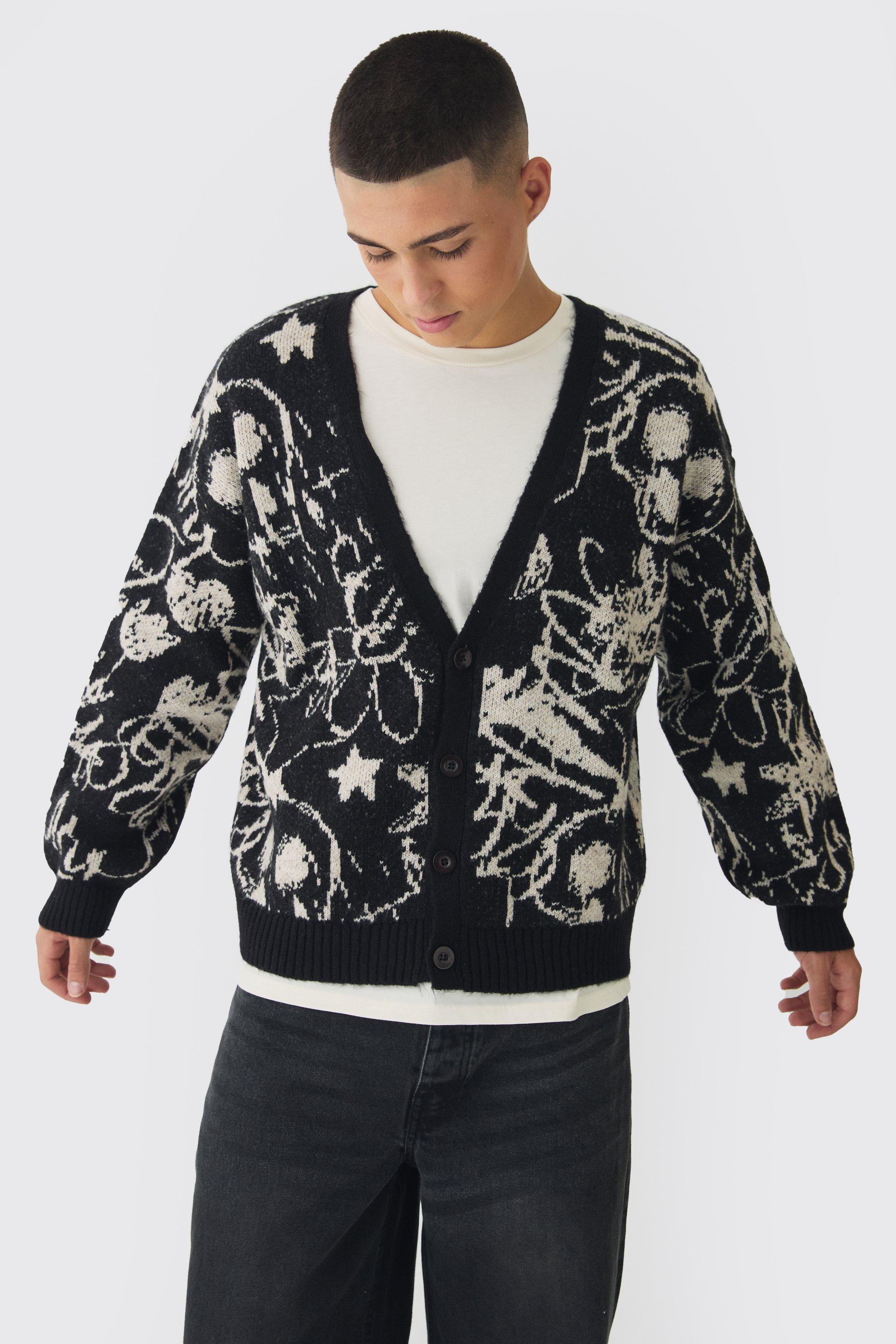 Mens Black Oversized Boxy Brushed All Over Jacquard knitted Cardigan, Black