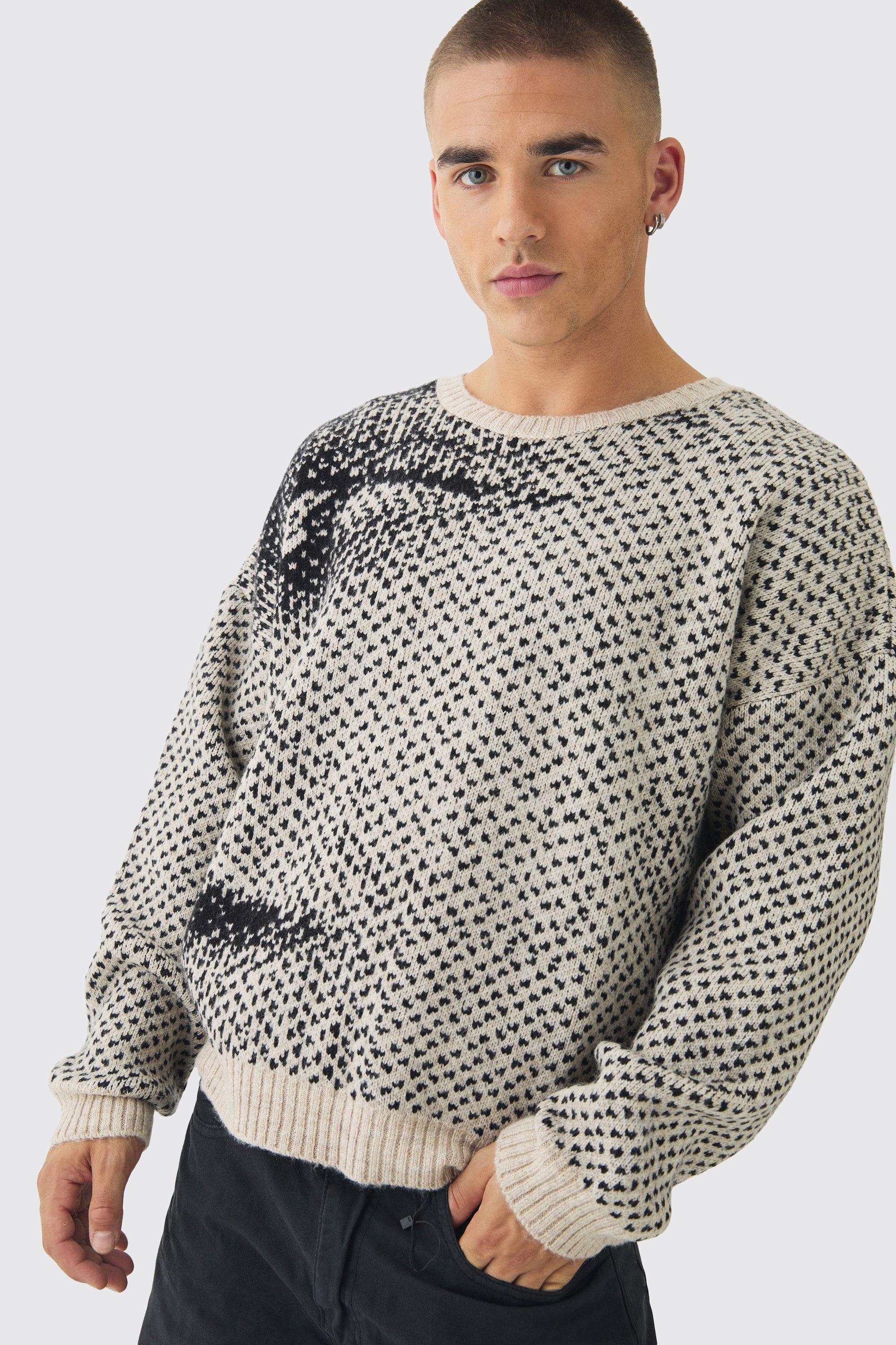 Maglione squadrato oversize in jacquard spazzolato con Smiley all over, Cream