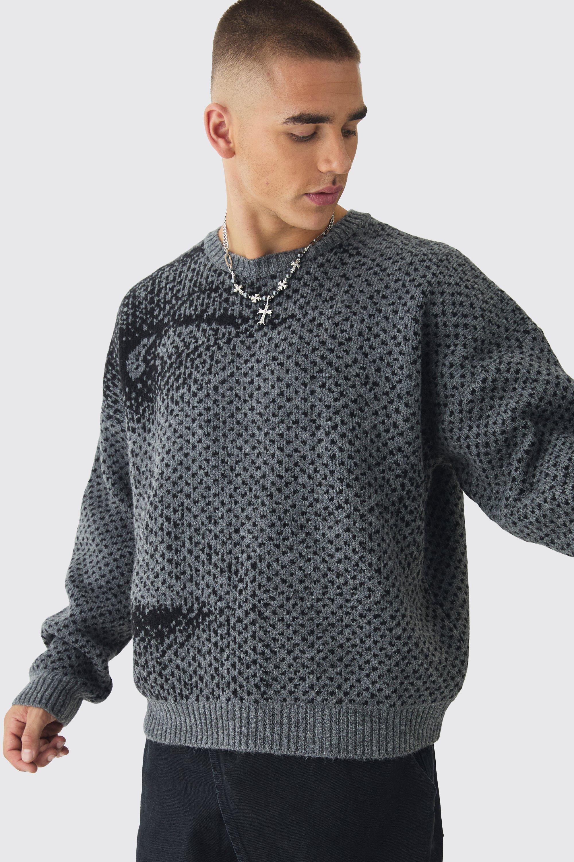 Mens Grey Oversized Boxy Brushed Face All Over Jacquard Jumper, Grey