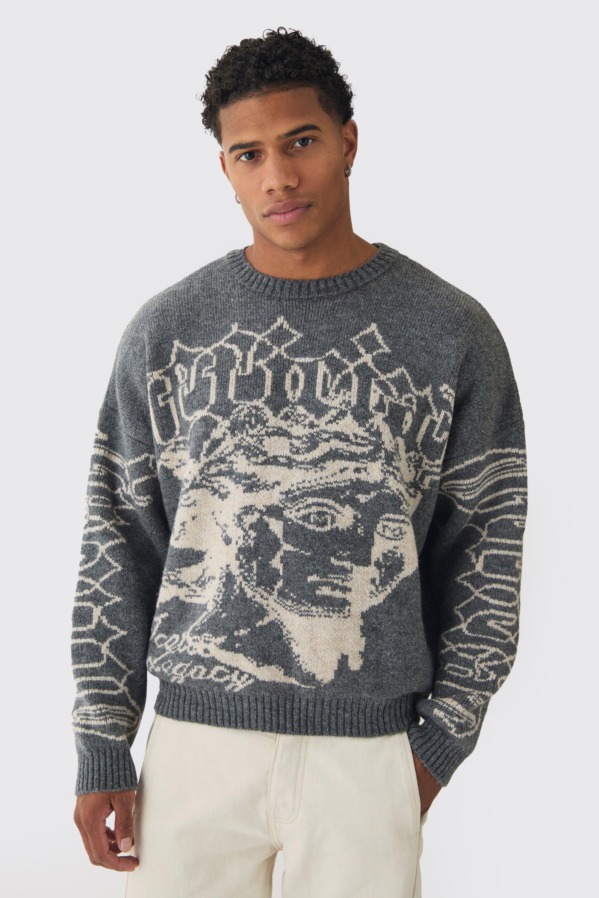 Mens Grey Oversized Boxy Brushed Mono Renaissance Knitted Jumper, Grey