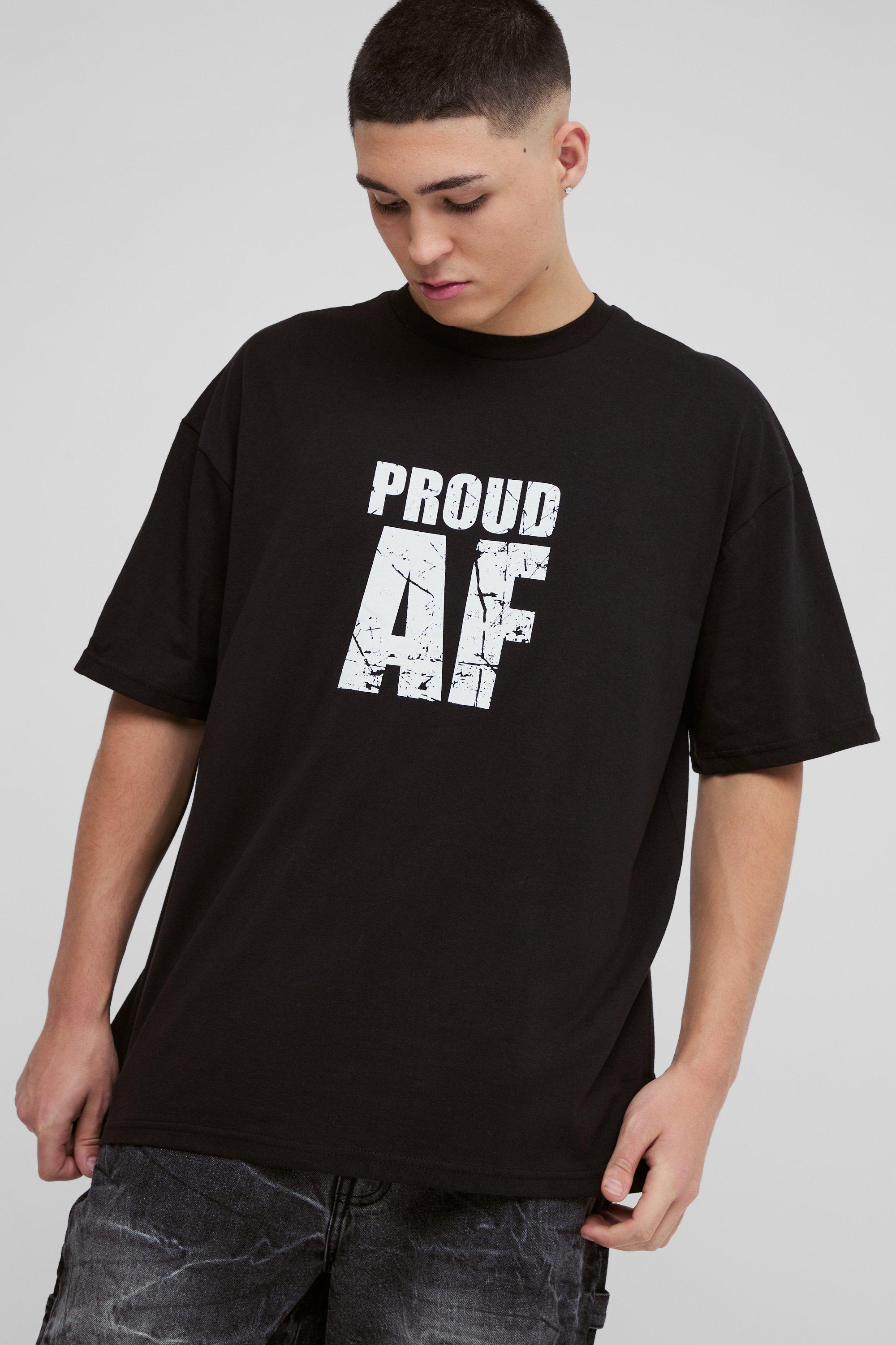 Mens Black Oversized Proud AF Pride T-Shirt, Black