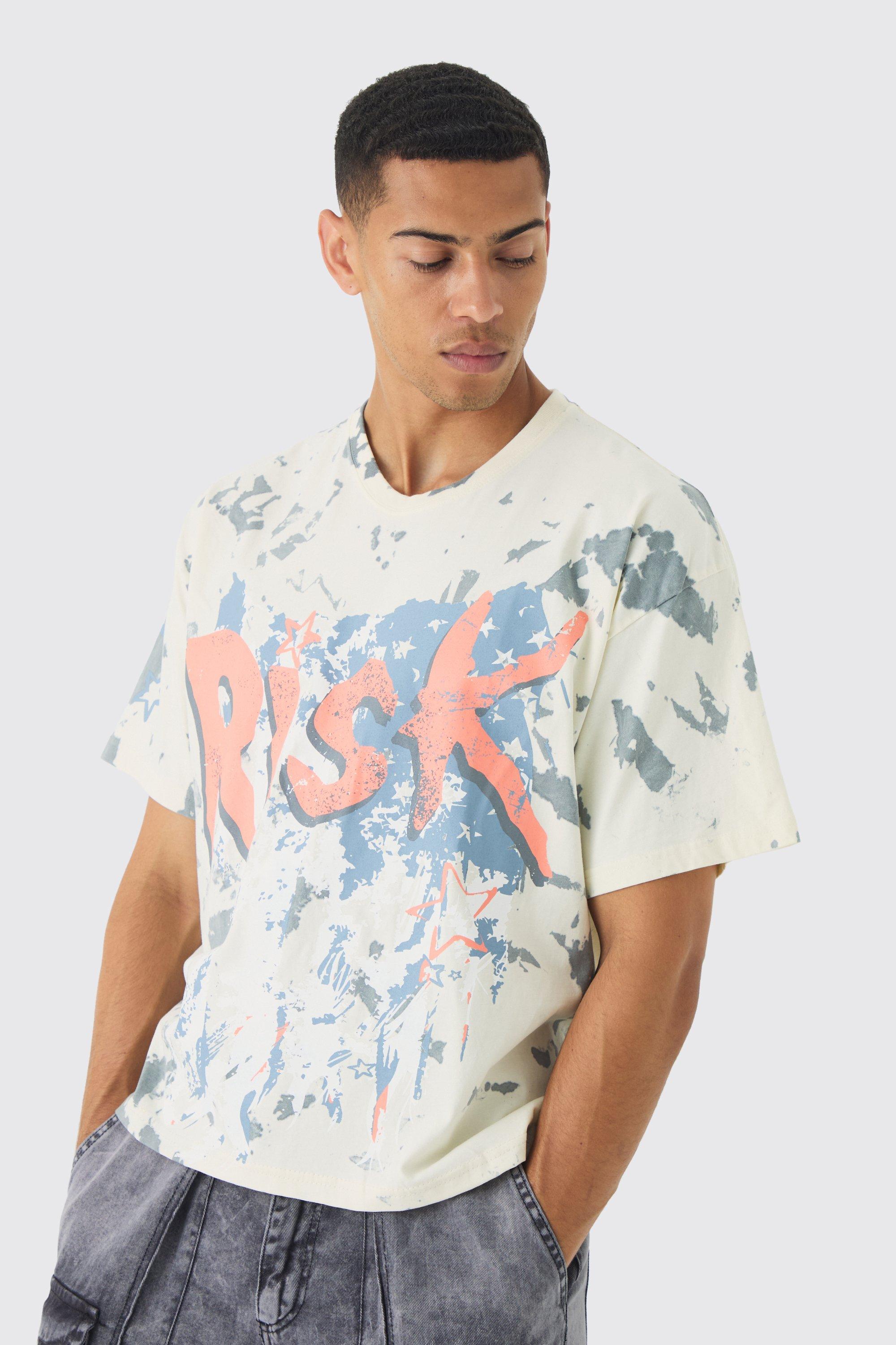 Mens Cream Oversized Boxy Heavyweight Risk Print T-Shirt, Cream