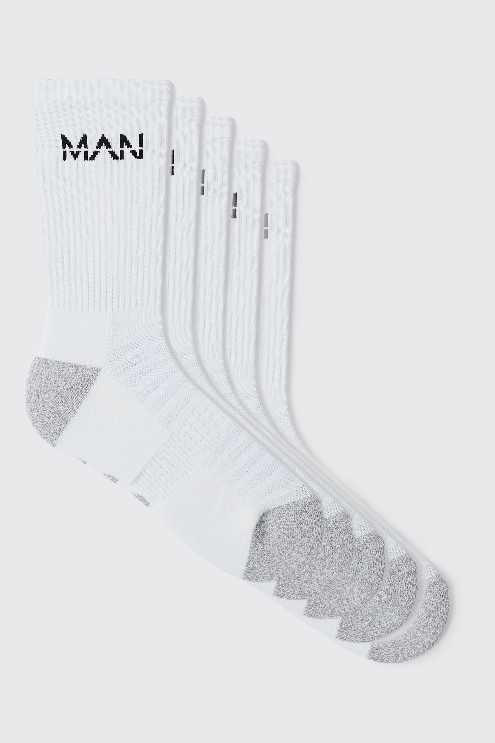 Mens White Man Active Cushioned Training Crew 5 pack Socks, White