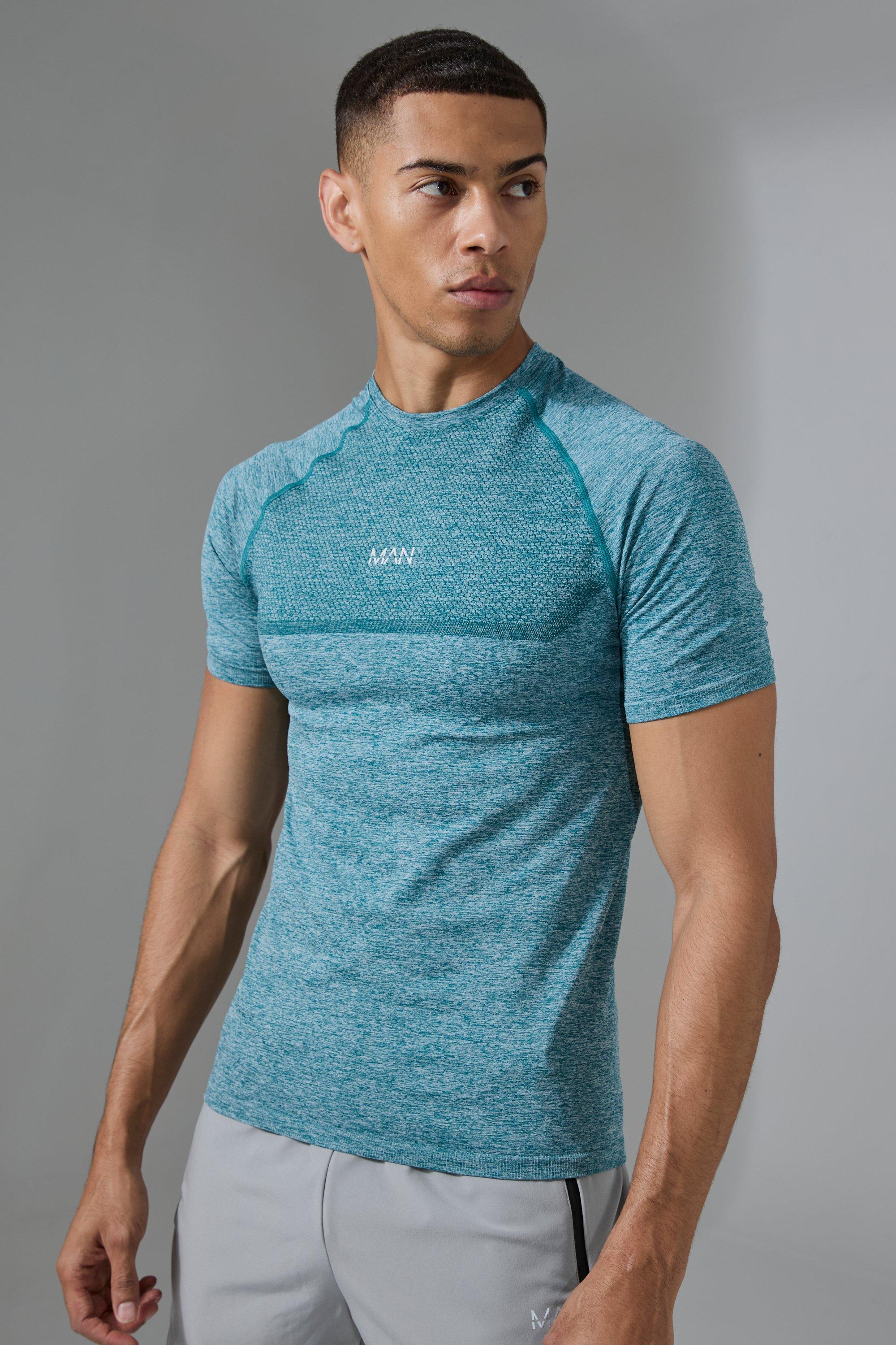 Mens Green Man Active Muscle Fit Seamless Marl T-shirt, Green