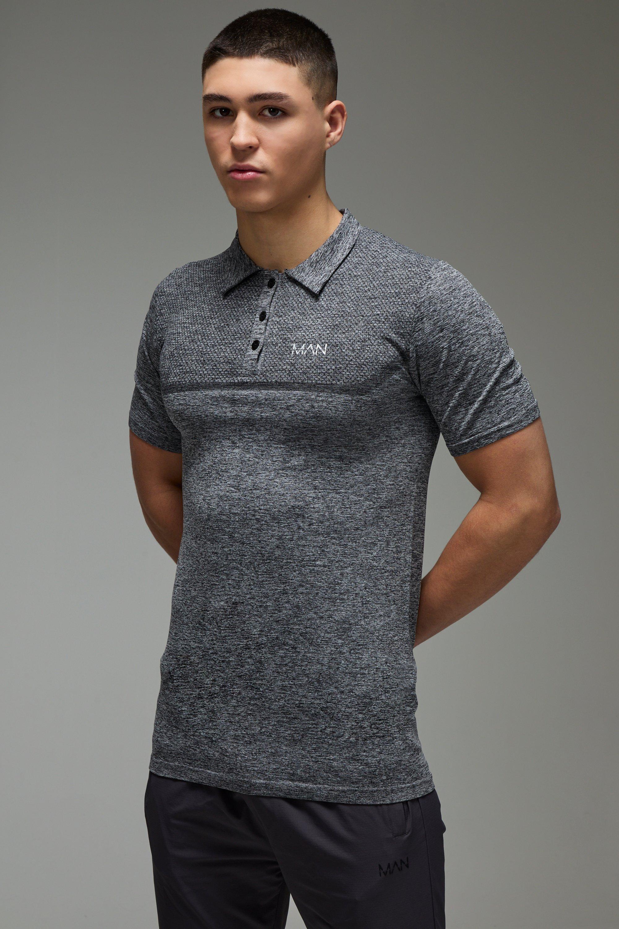 Mens Grey Man Active Muscle Fit Seamless Marl Golf Polo, Grey