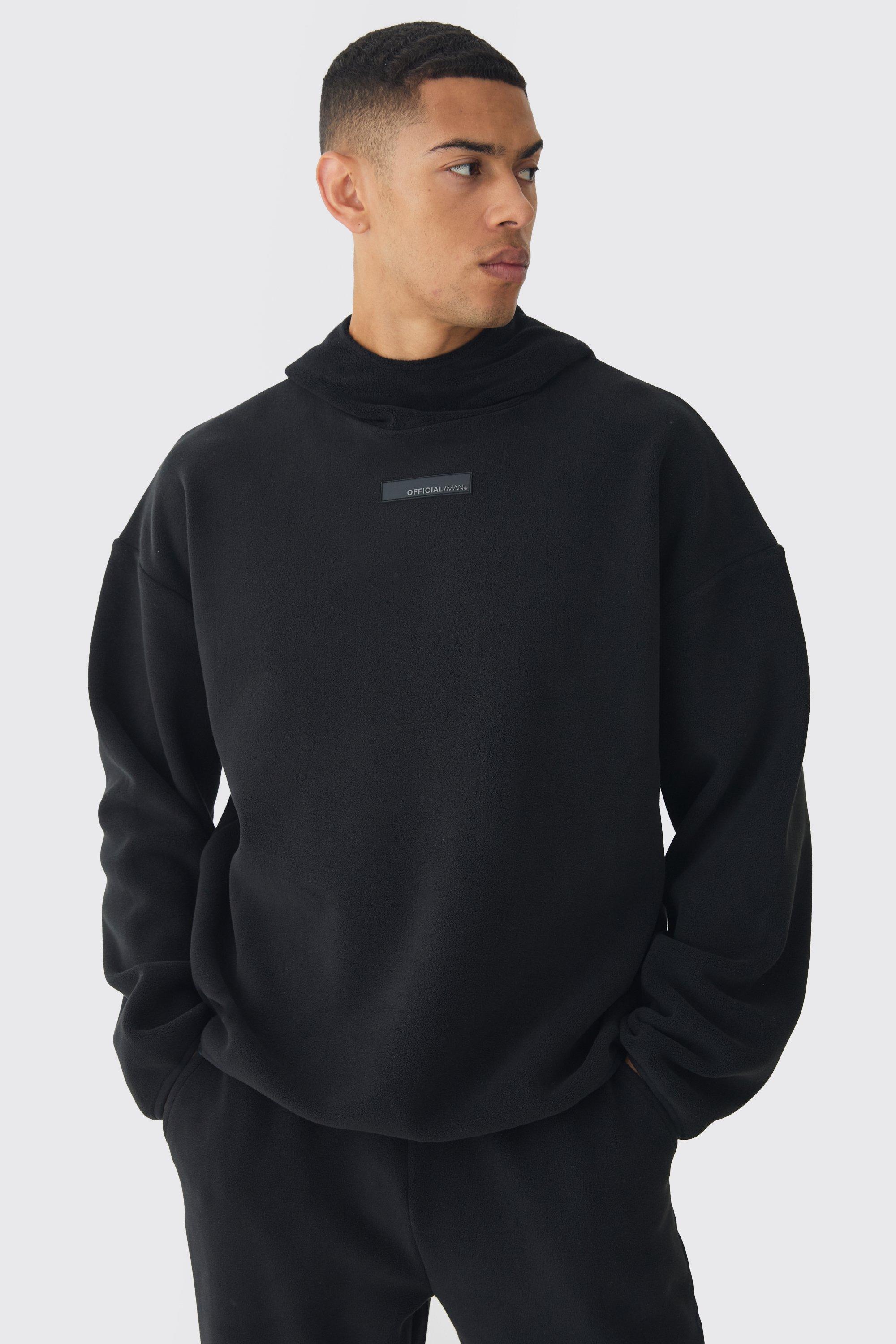 Mens Black Oversized Polar fleece Funnel Neck Hoodie, Black