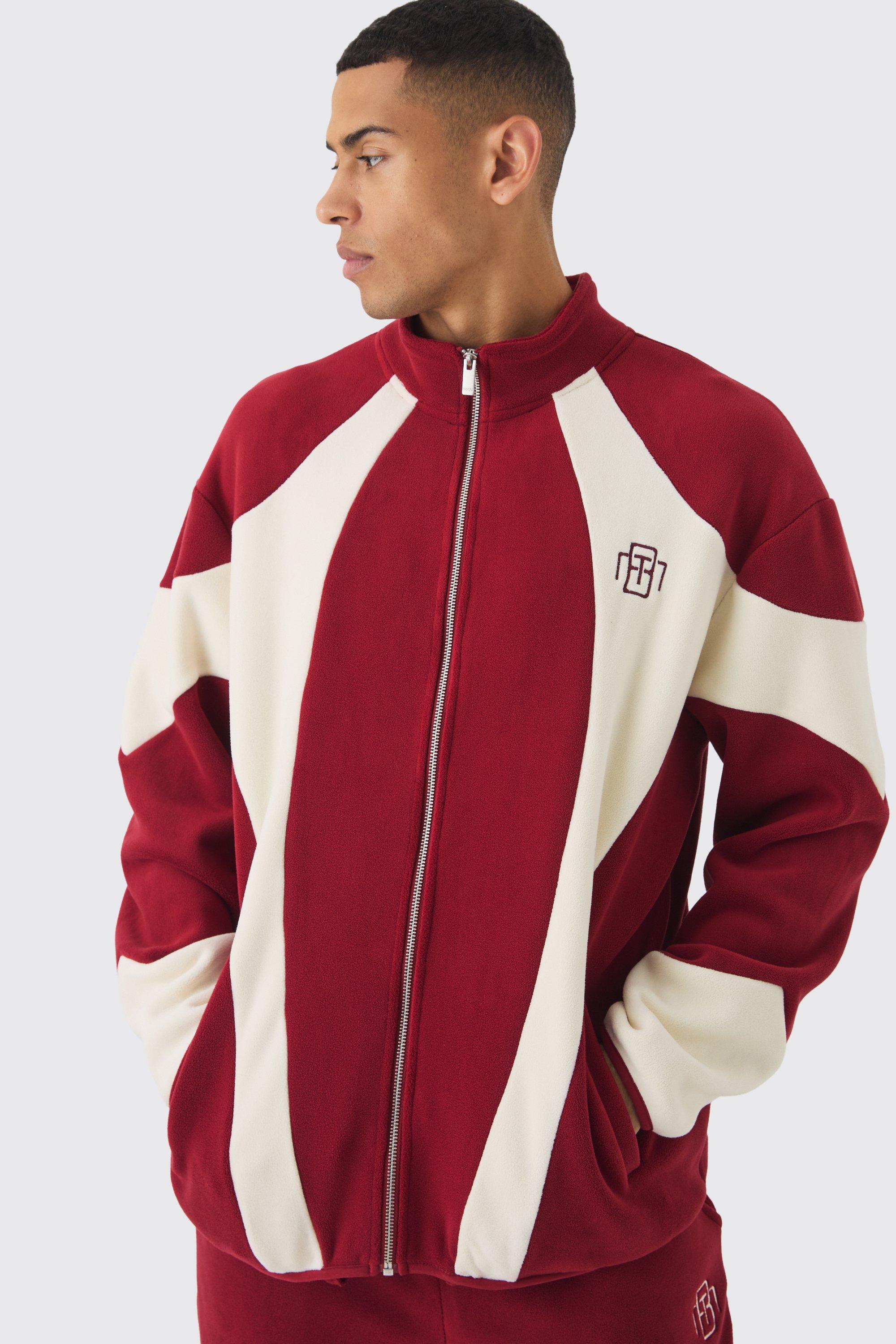 Mens Red Oversized Zip through Colour Block Polar Fleece Jacket, Red