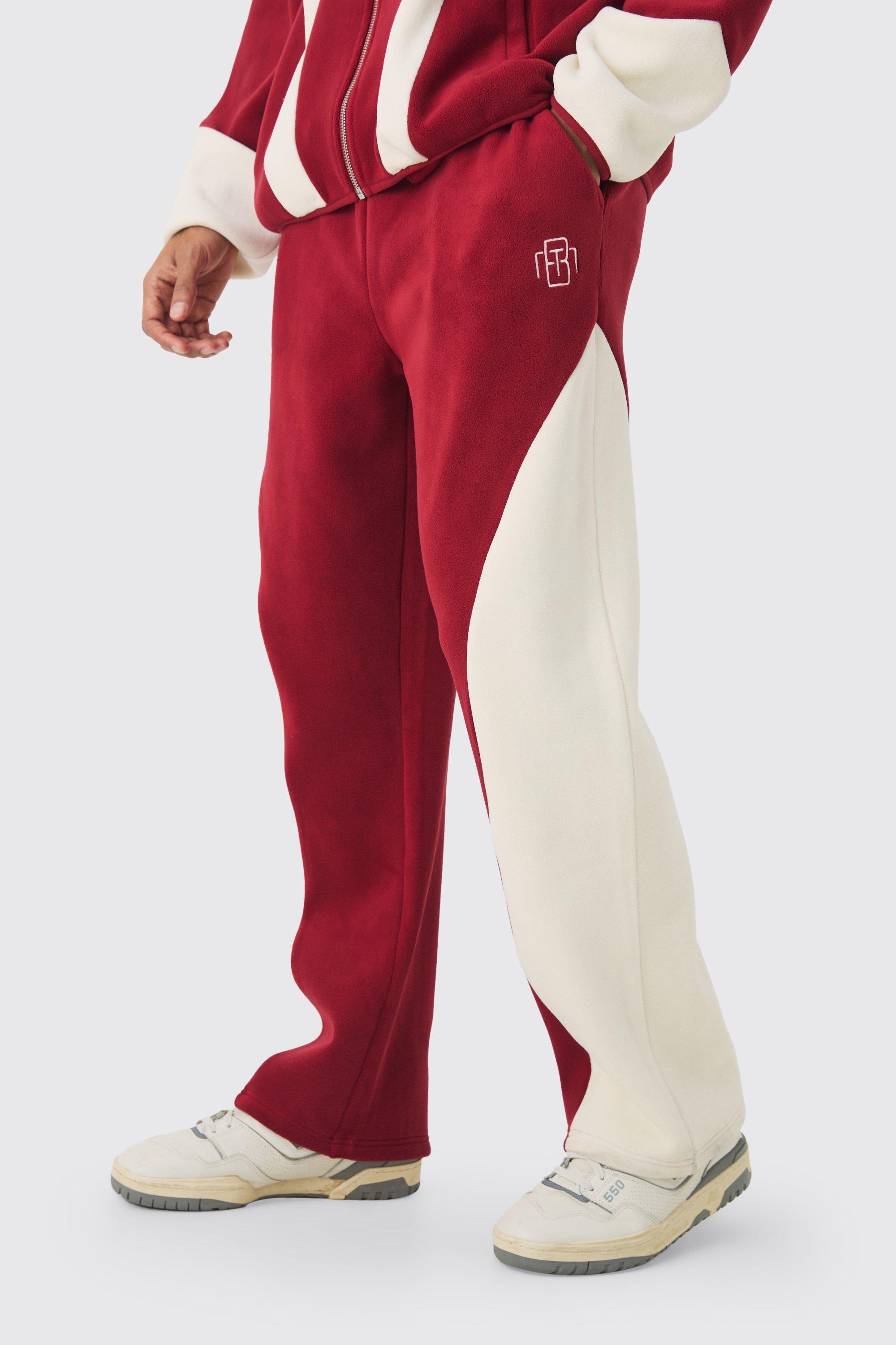 Mens Red Relaxed Colour Block Polar Fleece High Gusset Jogger, Red