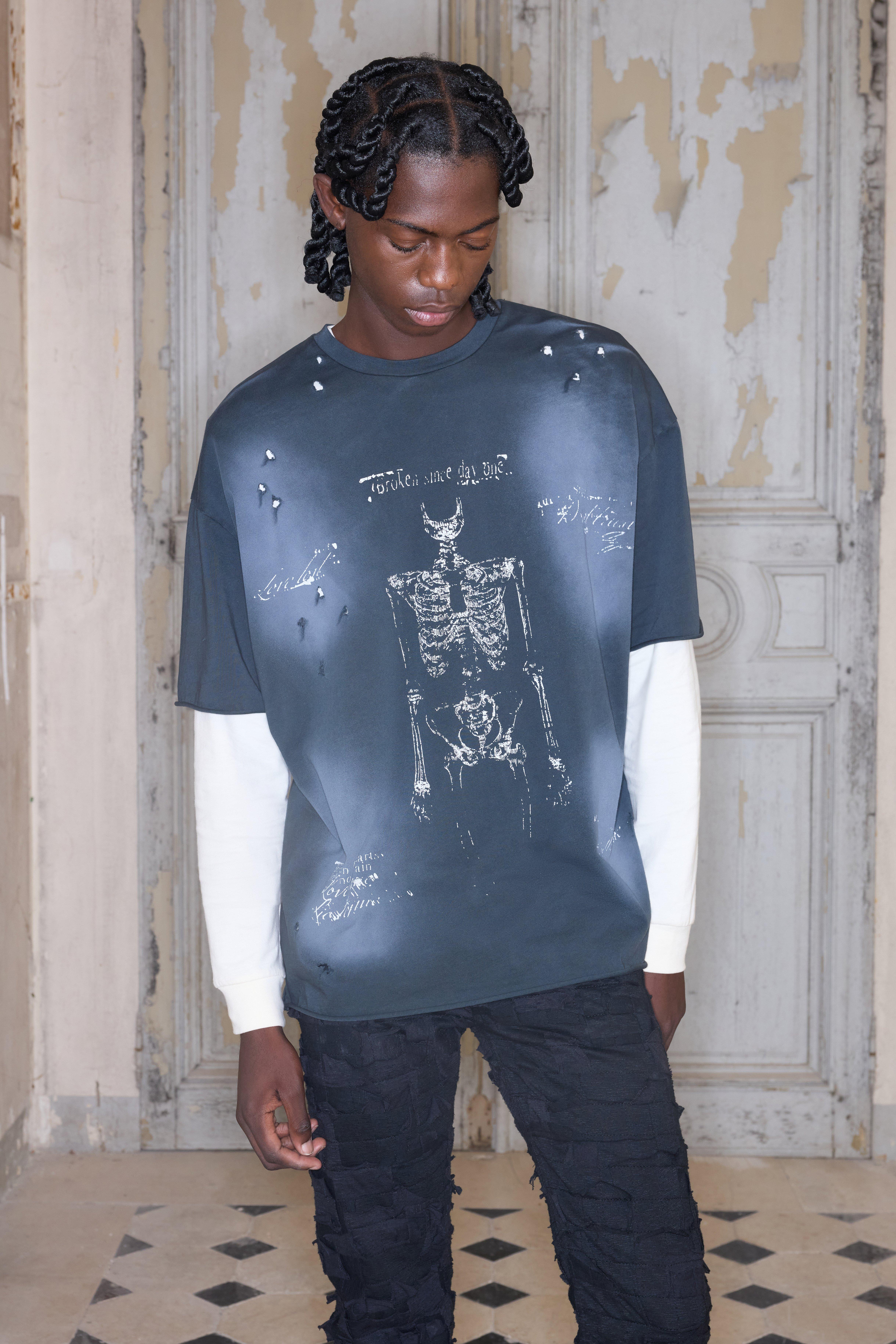 Mens Premium Oversized Skeleton Washed T-Shirt In Black, Black