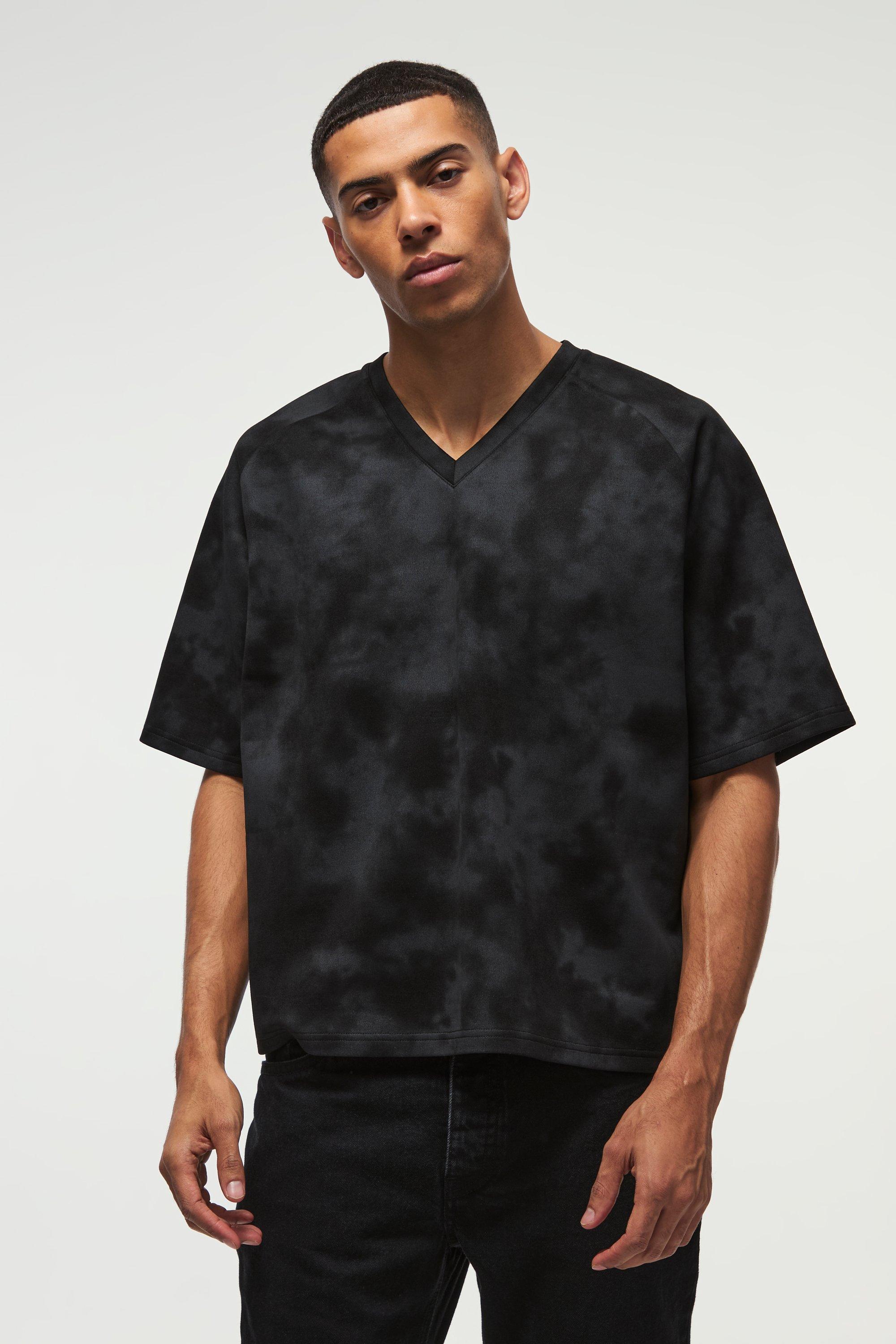 T-shirt squadrata oversize super pesante in scamosciato con trama e scollo a V, Nero