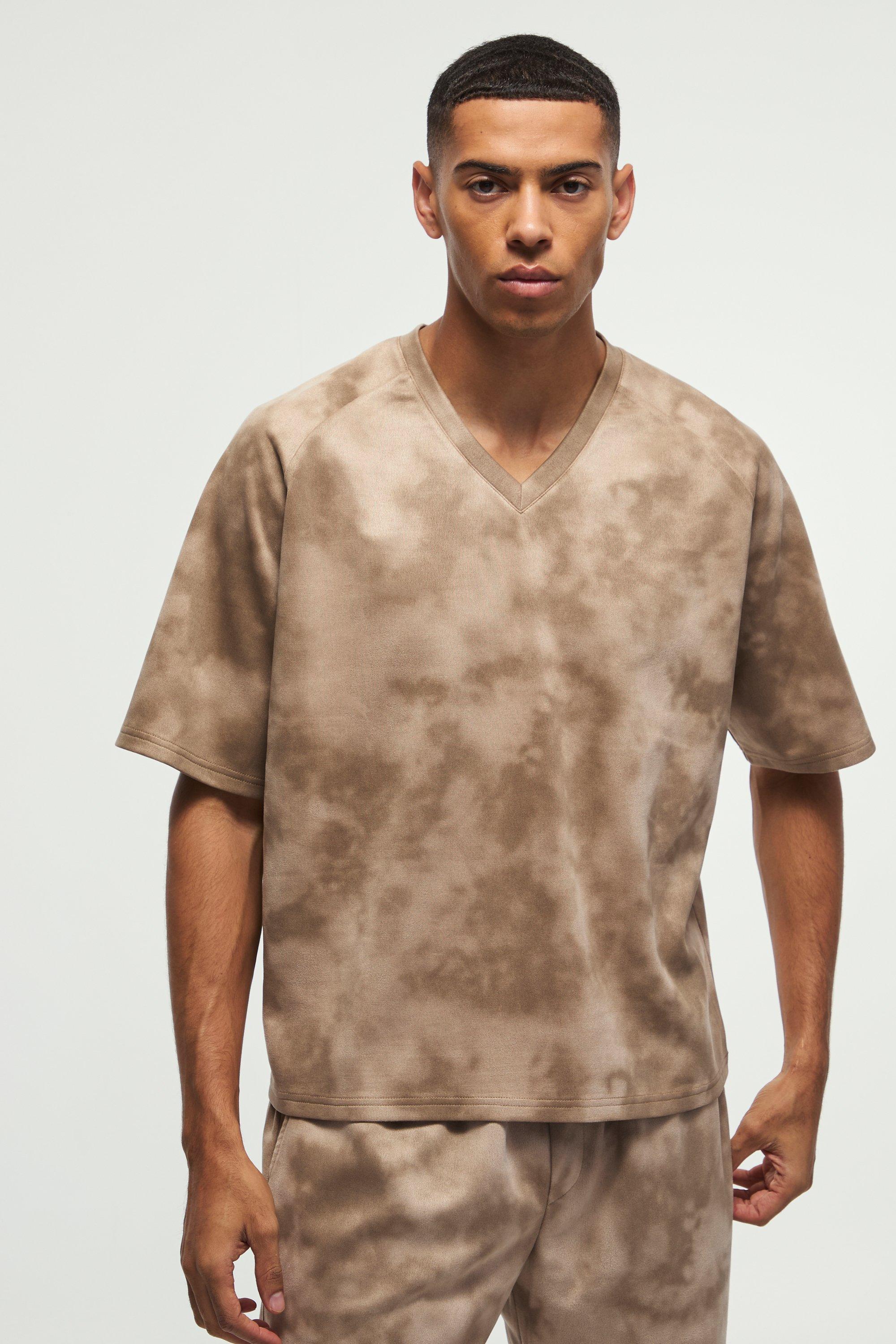 T-shirt squadrata oversize super pesante in scamosciato con trama e scollo a V, Brown