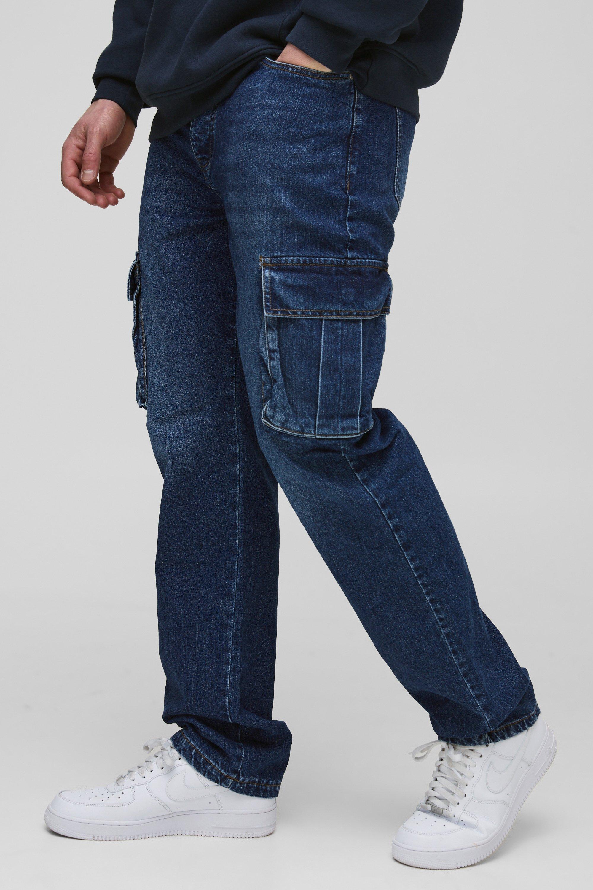 Mens Blue Tall Straight Rigid Cargo Jeans, Blue