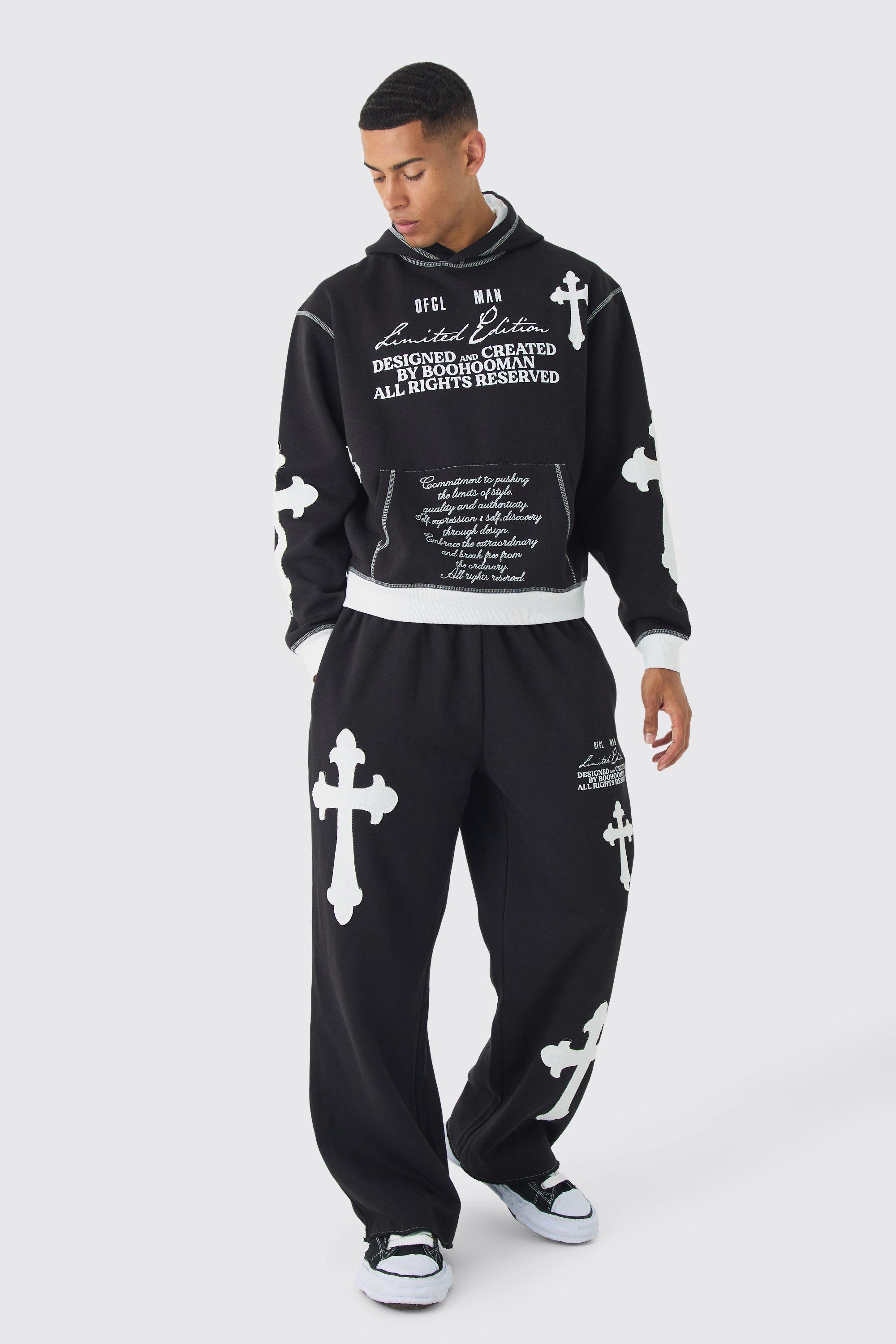 Mens Black Oversized Boxy Limited Edition Cross Applique Hoodie and Jogger Tracksuit, Black