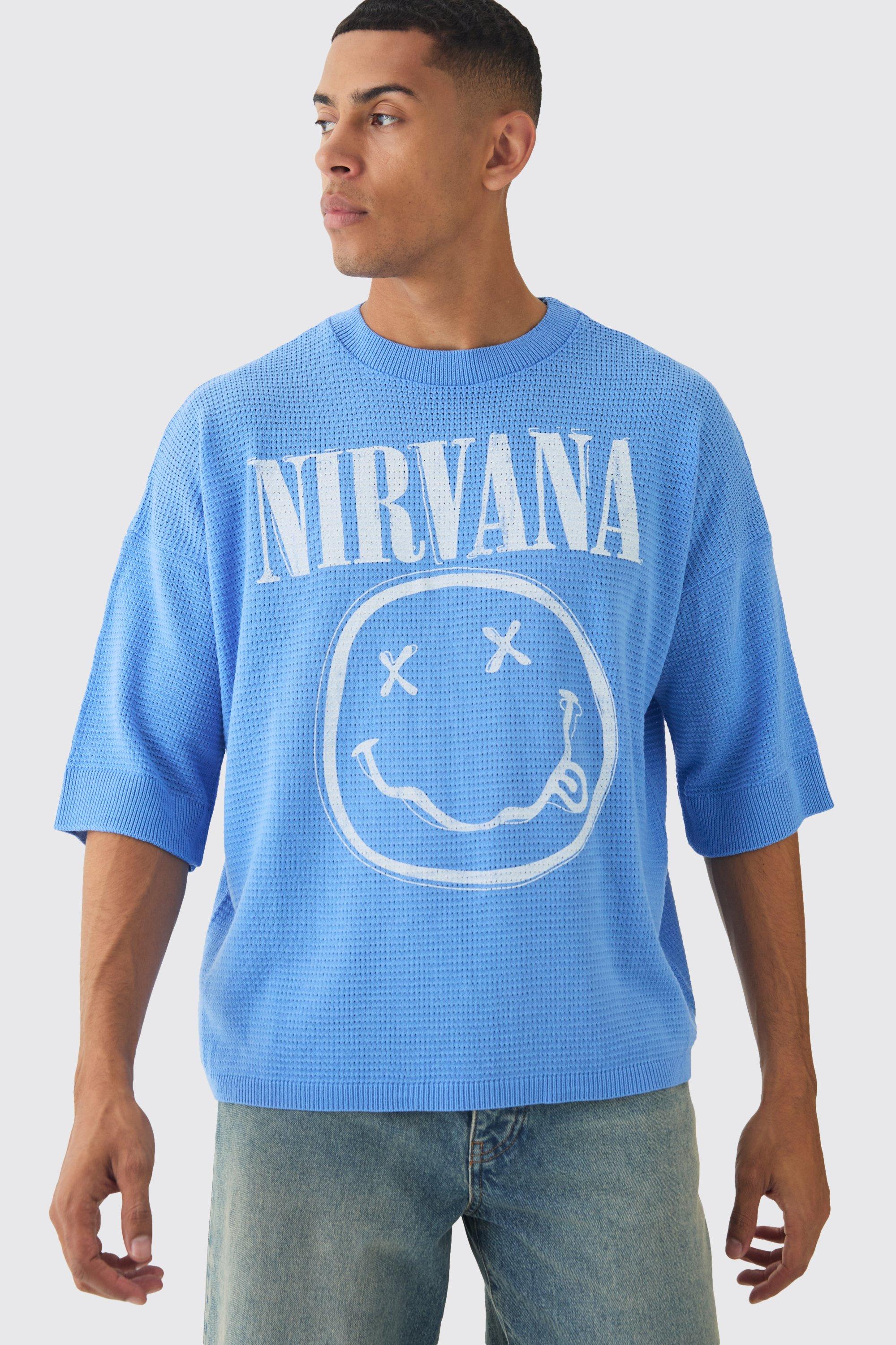 T-shirt oversize in maglia traforata con stampa dei Nirvana, Azzurro