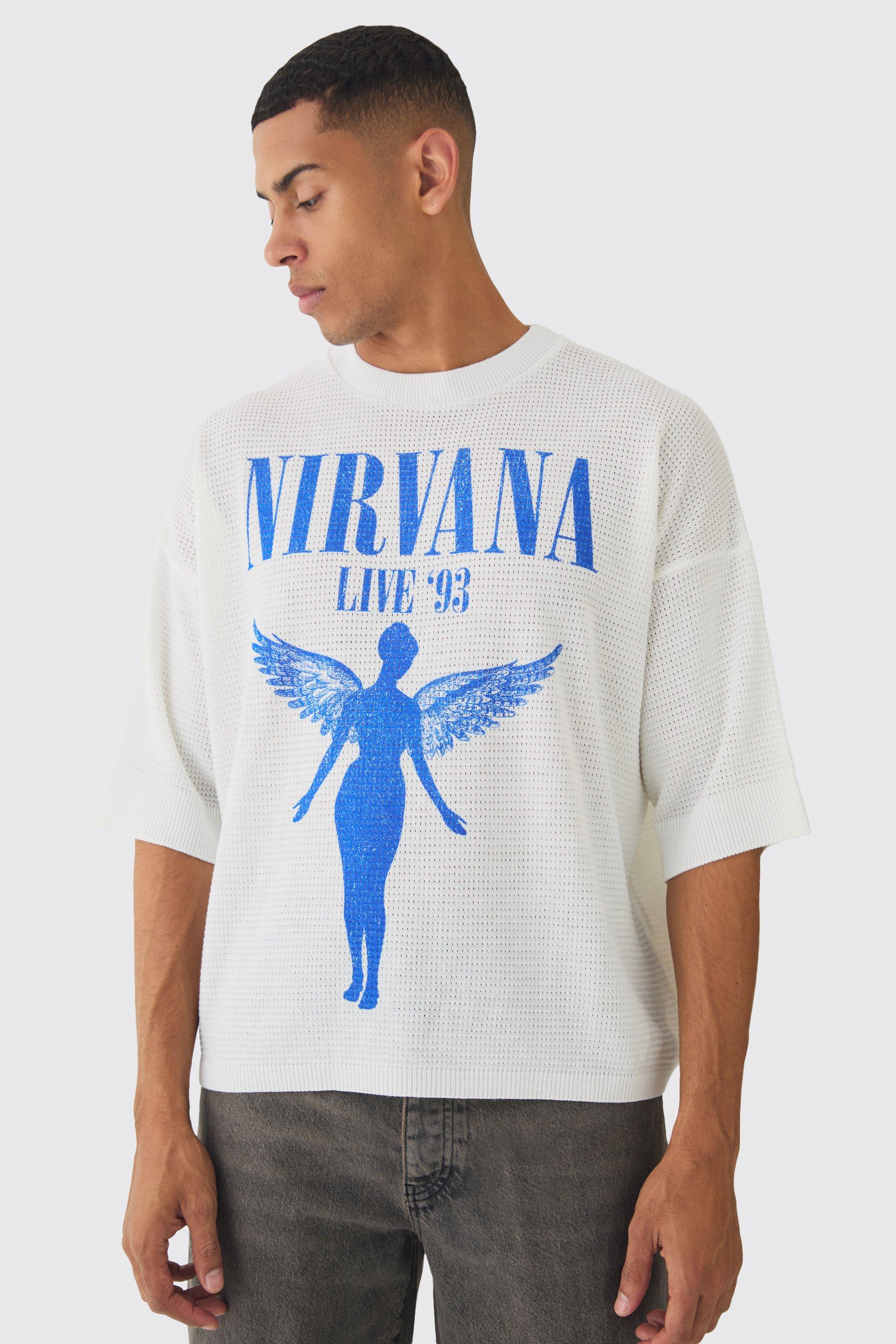 Mens White Oversized Open Stitch Nirvana License Printed Knitted T-shirt, White