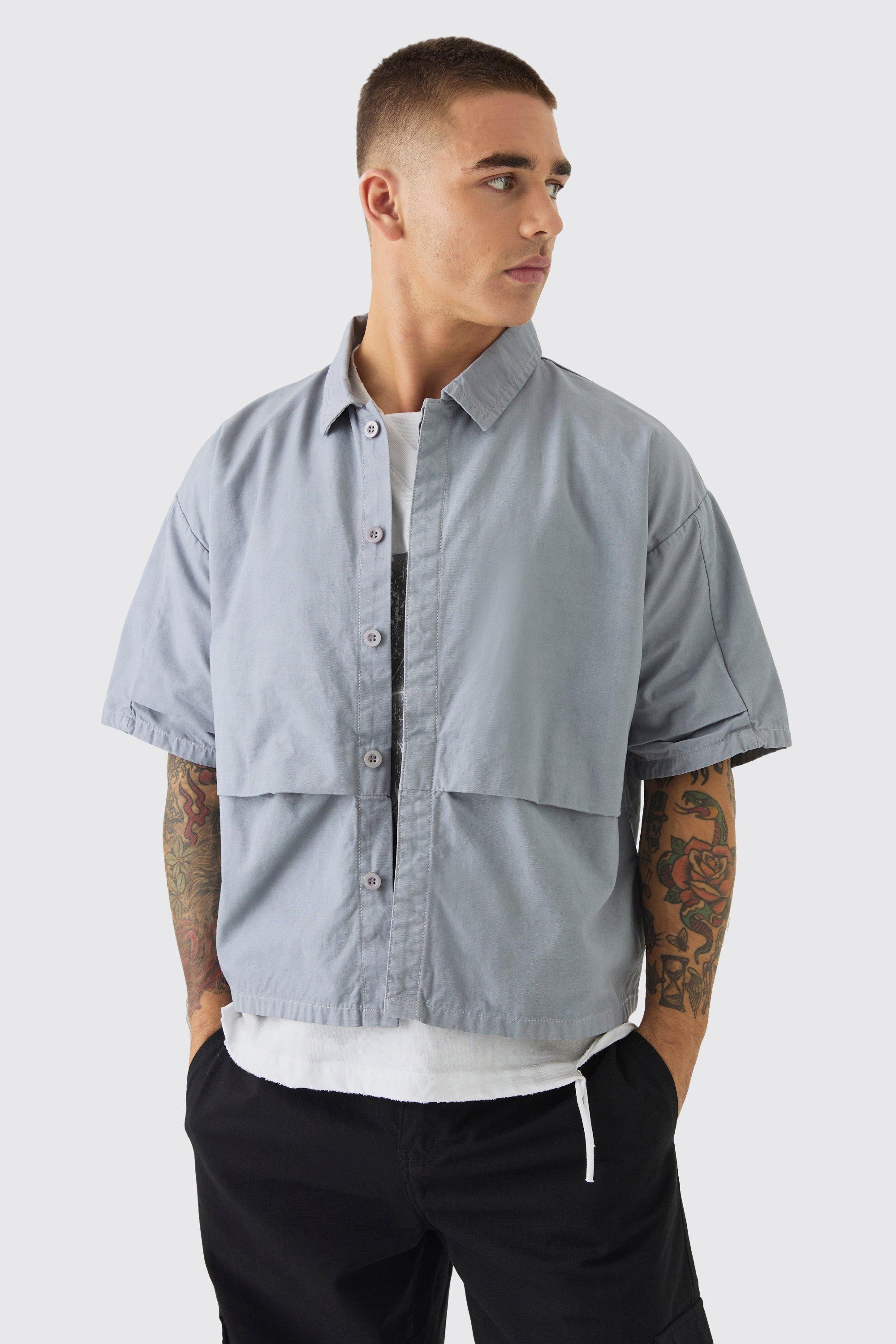 Camicia squadrata oversize in nylon effetto vellutato con pieghe frontali, Grigio