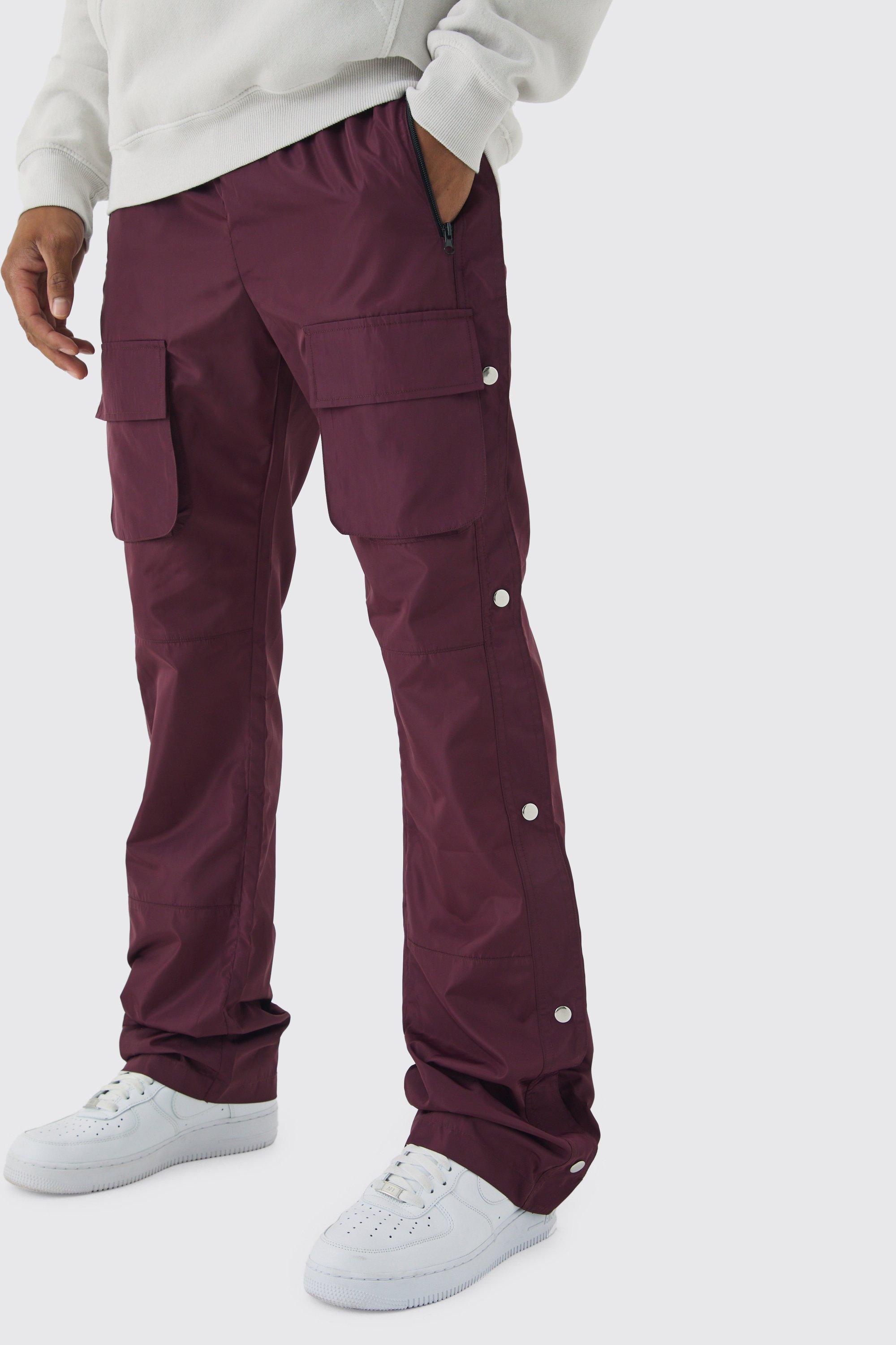 Mens Red Elasticated Waist Slim Flare Stacked Cargo Trousers, Red