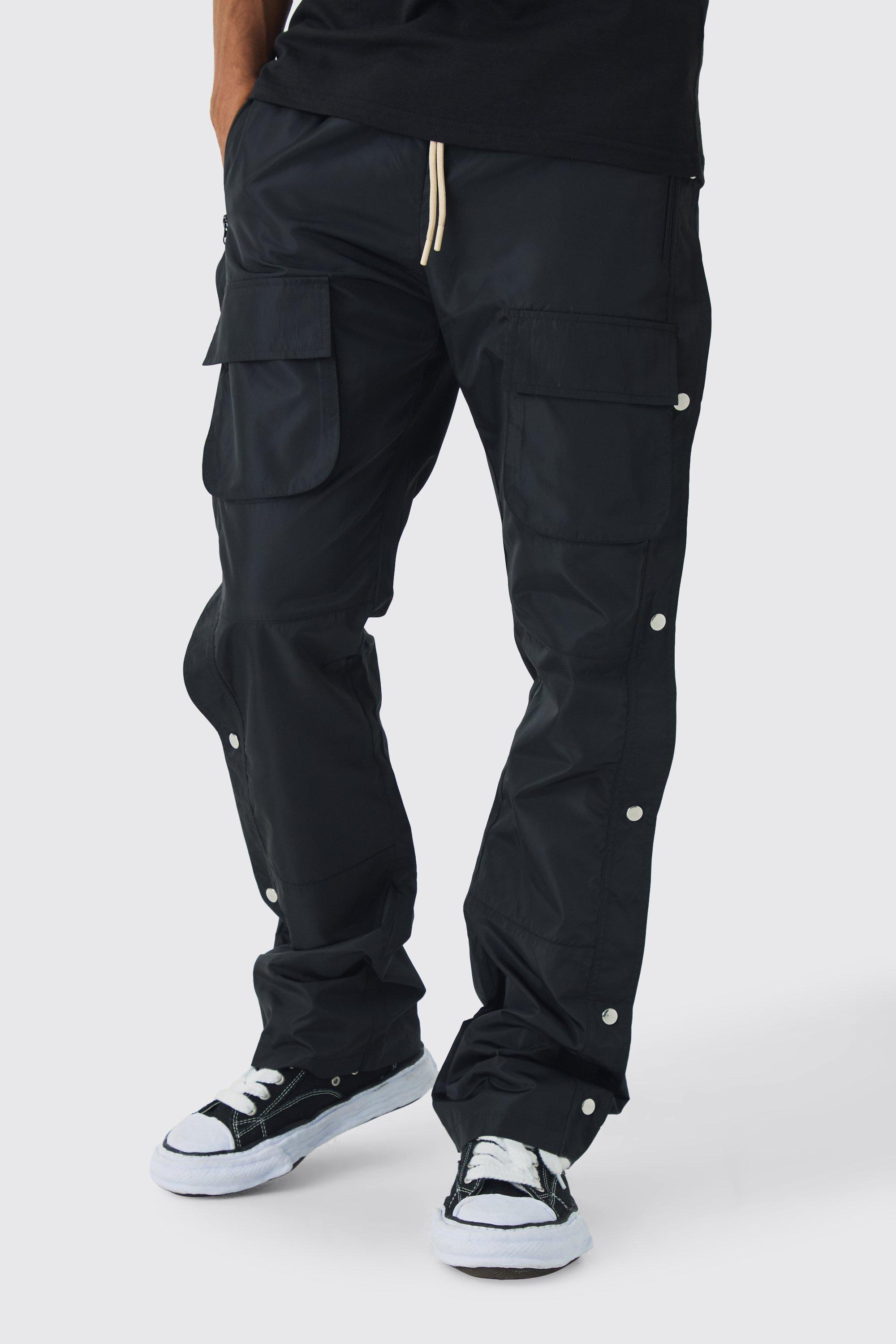 Mens Black Elasticated Waist Slim Flare Stacked Cargo Trousers, Black